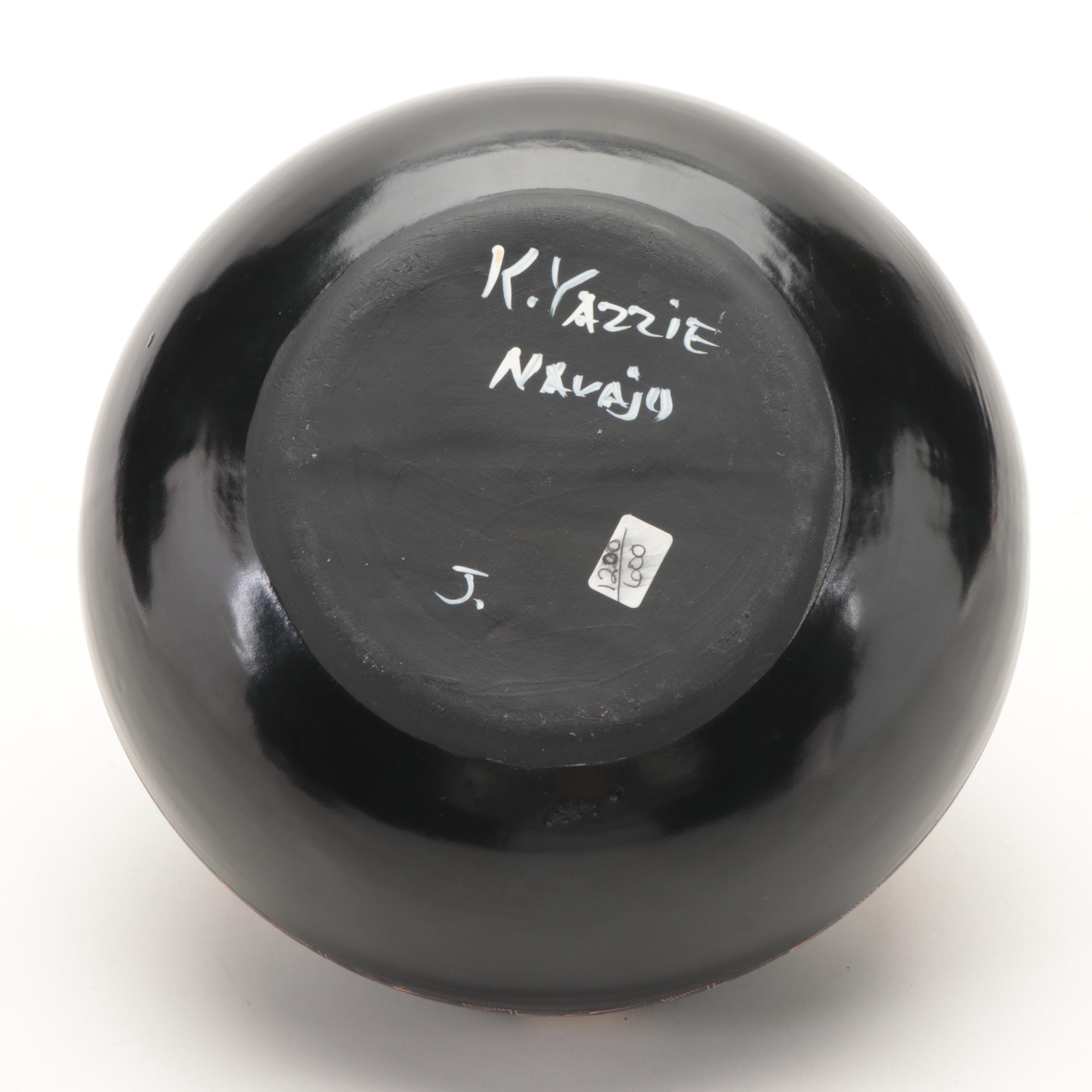 Signed K. Yazzie Navajo Diné Hand-Painted Sgraffito Pottery Olla