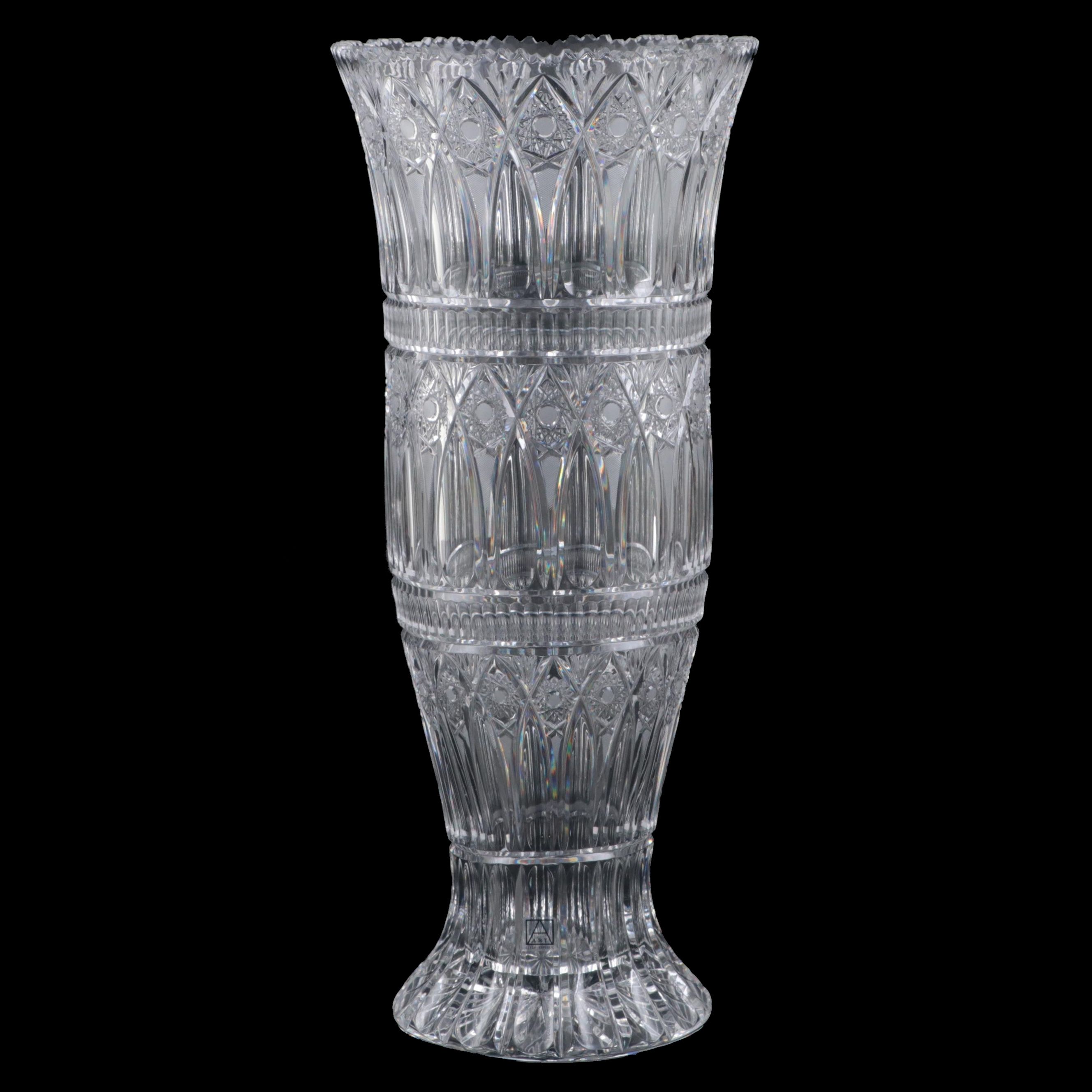 Signed Monumental Bohemian Hobstar Cut Crystal Vase