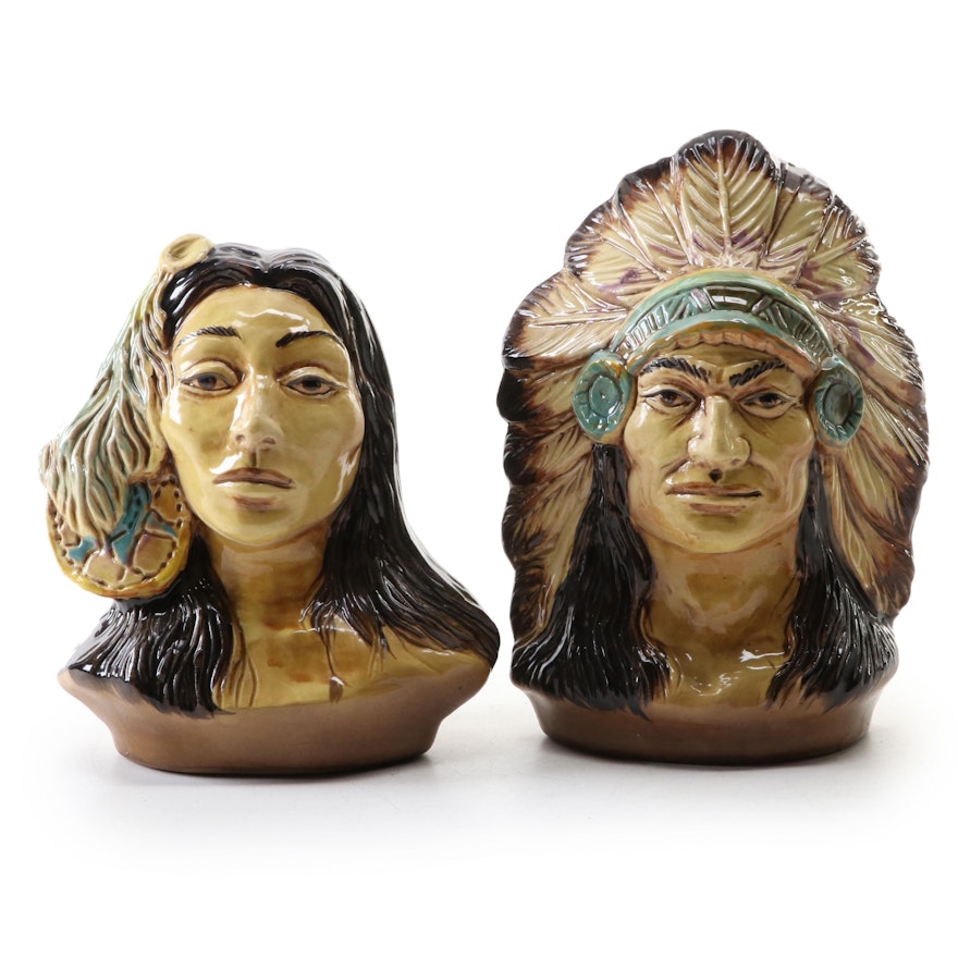 Signed Rick Wisecarver Earthenware Native American Portrait Busts, 1983