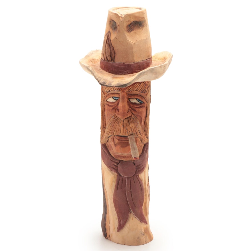 Hand-Carved and Signed Wood Smoking Cowboy, 2000