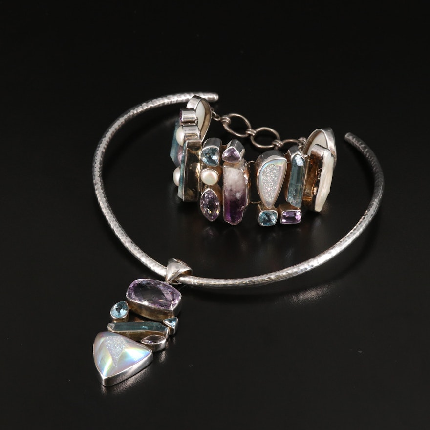 Starborn Sterling Amethyst, Druzy, Topaz and Pearl Bracelet and Choker
