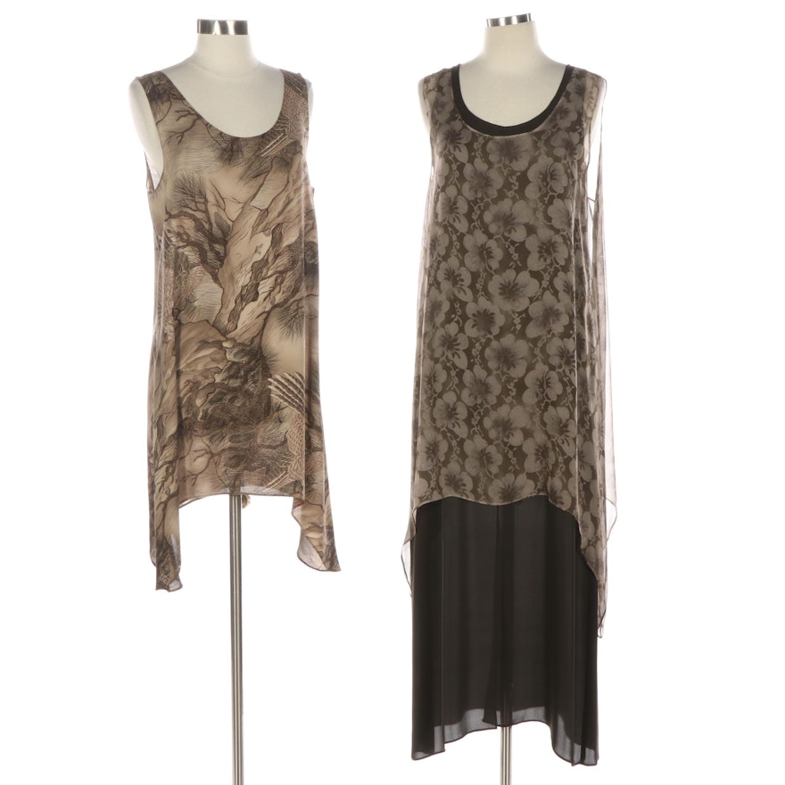 Harari Long Dress in Olive/Brown Silk with Silk Print Sleeveless Layering Tops