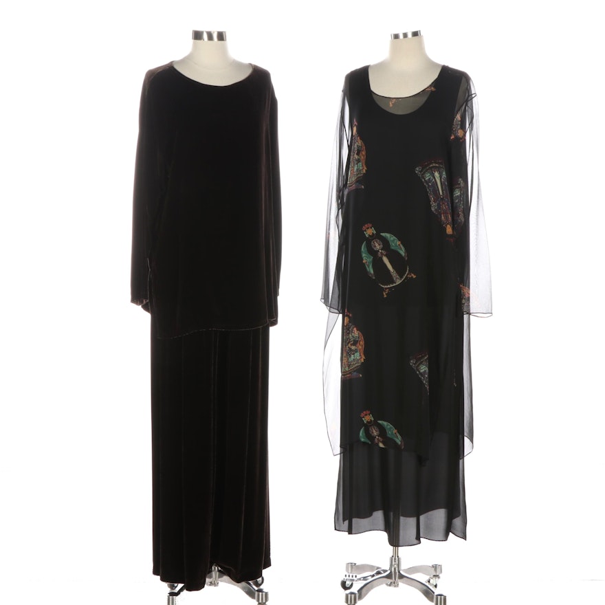 Harari Dress with Silk Print and Pants with Tunic in Velvet