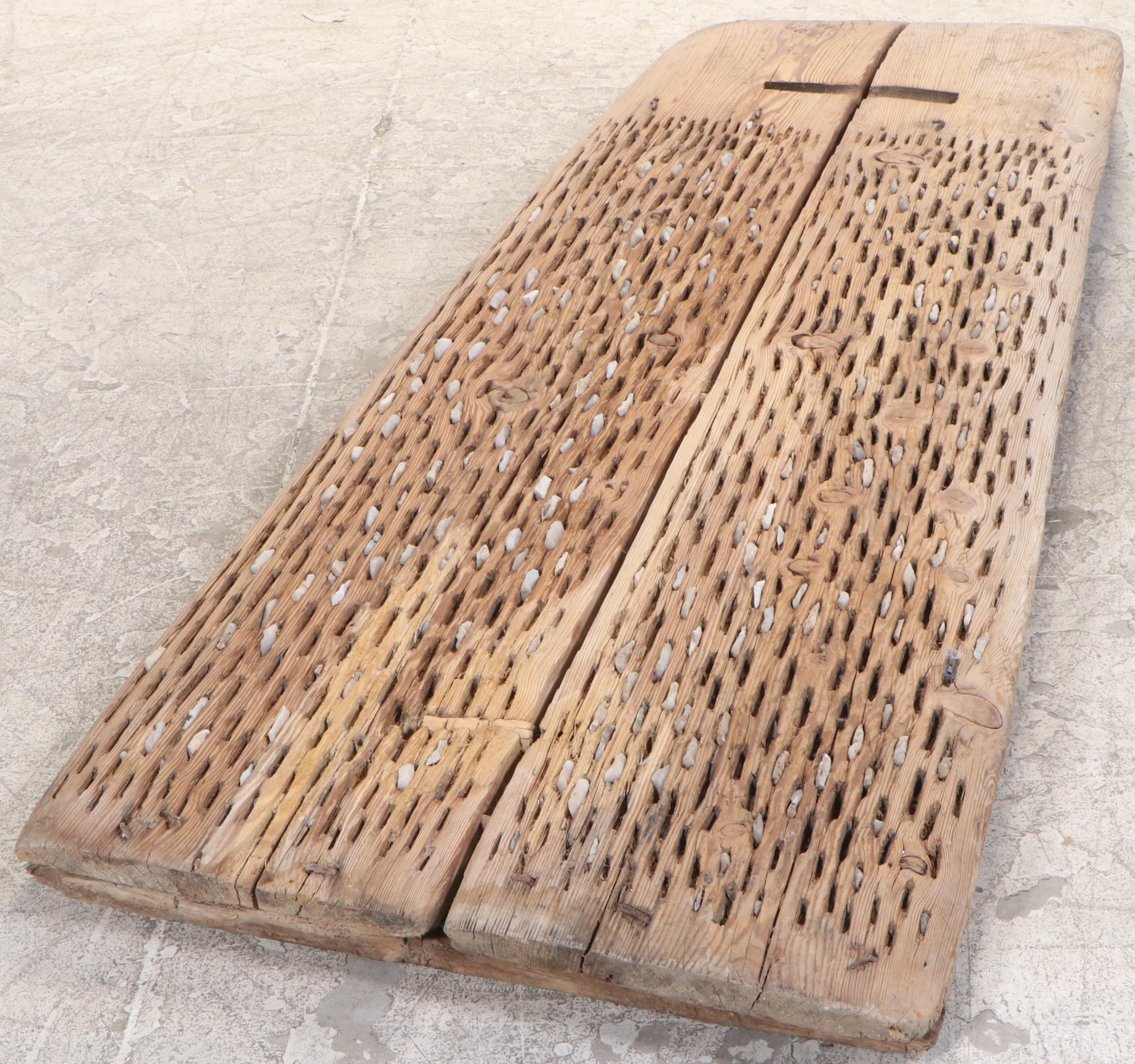 Primitive Oak and Stone Tribulum Threshing Board, Antique