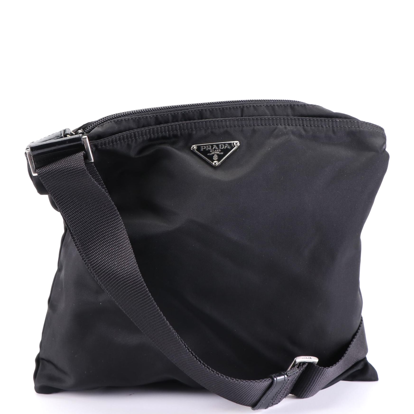 Prada Flat Vela Crossbody Bag in Black Tessuto Nylon and Leather