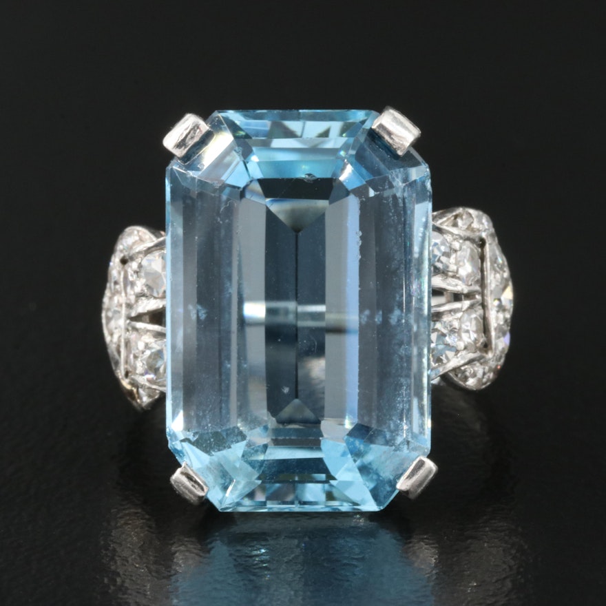 Retro 18K, Platinum 12.05 CT Aquamarine and Diamond Ring