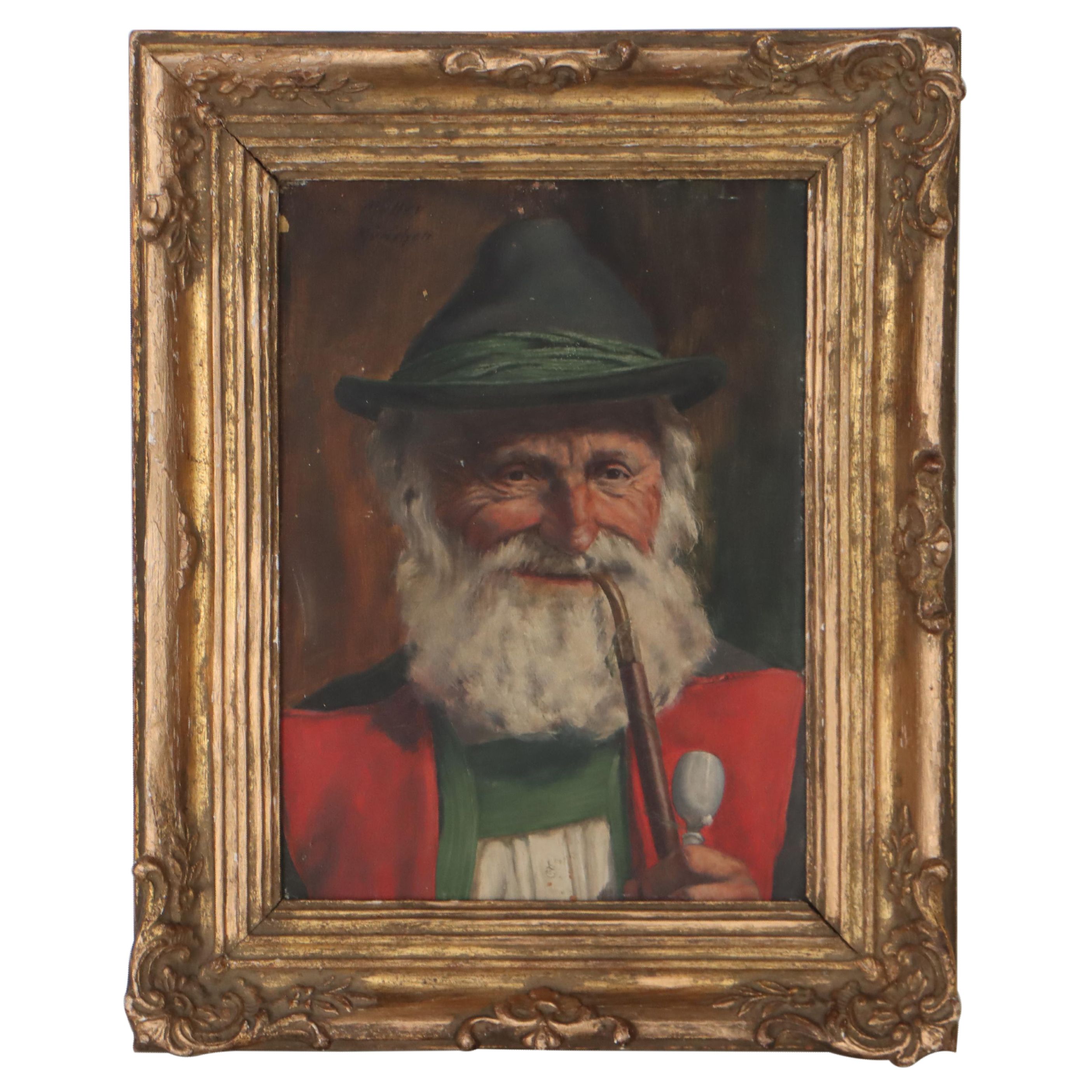 Fritz Müller Bavarian Portrait Oil Painting of Man Smoking Pipe