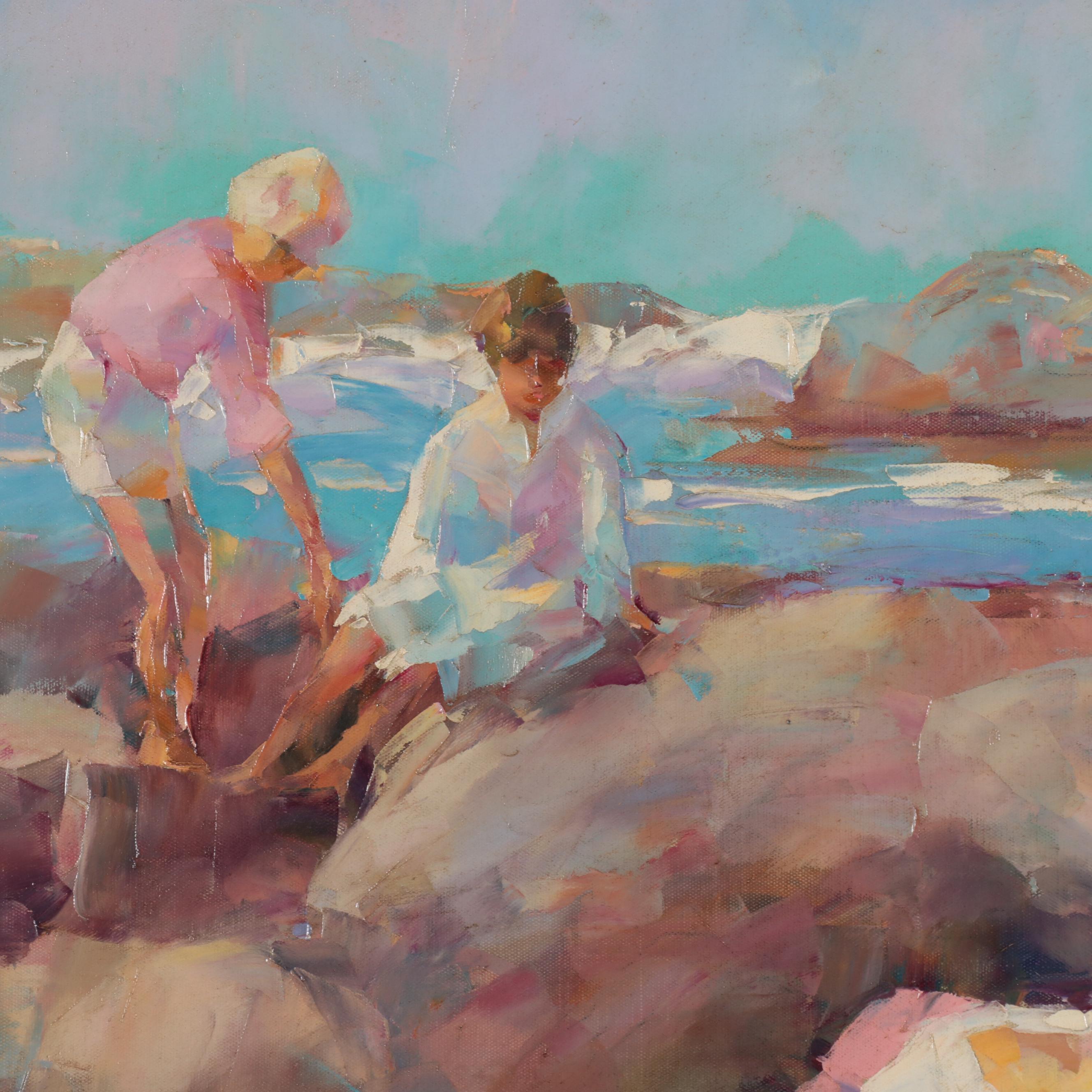Roy Allison Oil Painting of Women Along the Beach