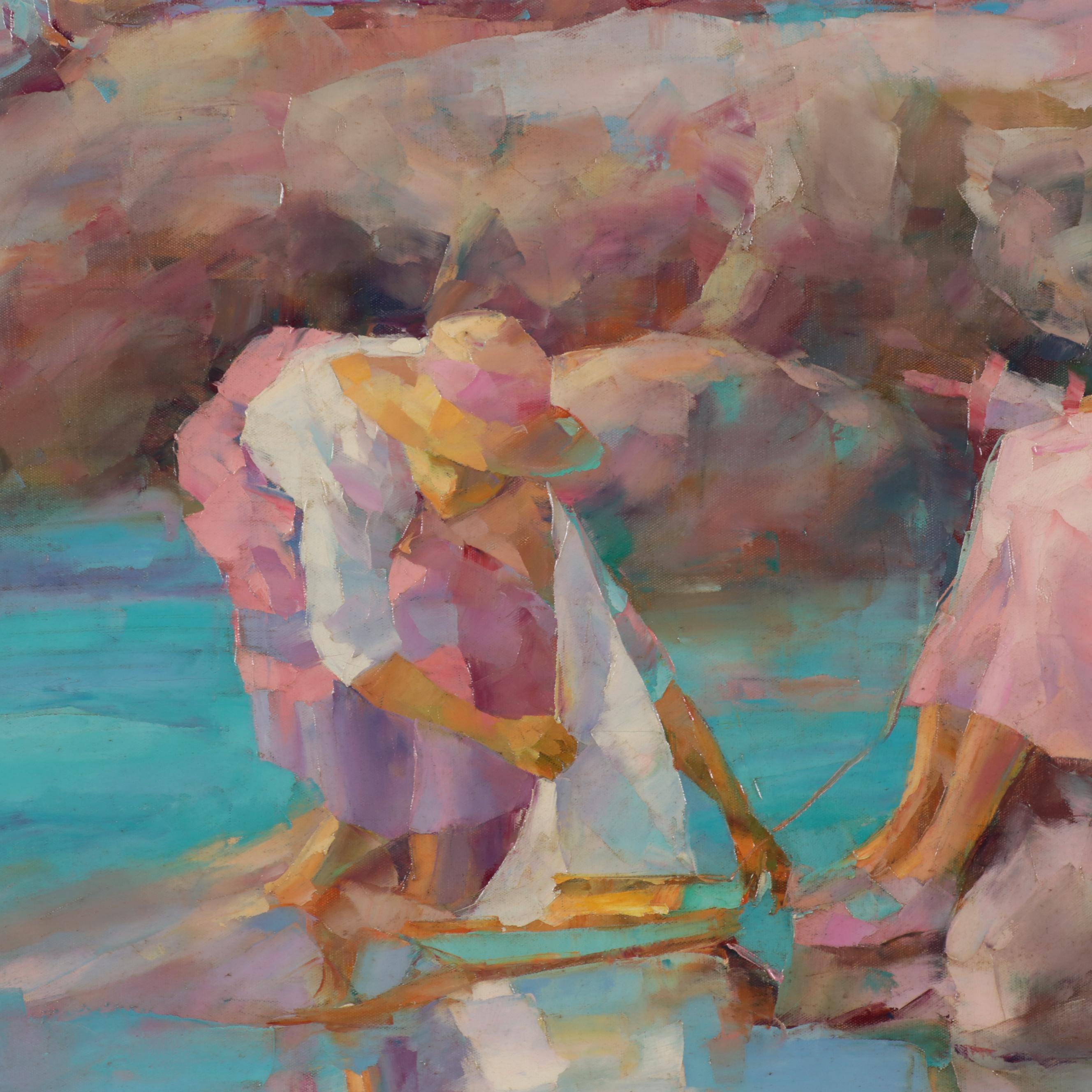 Roy Allison Oil Painting of Women Along the Beach