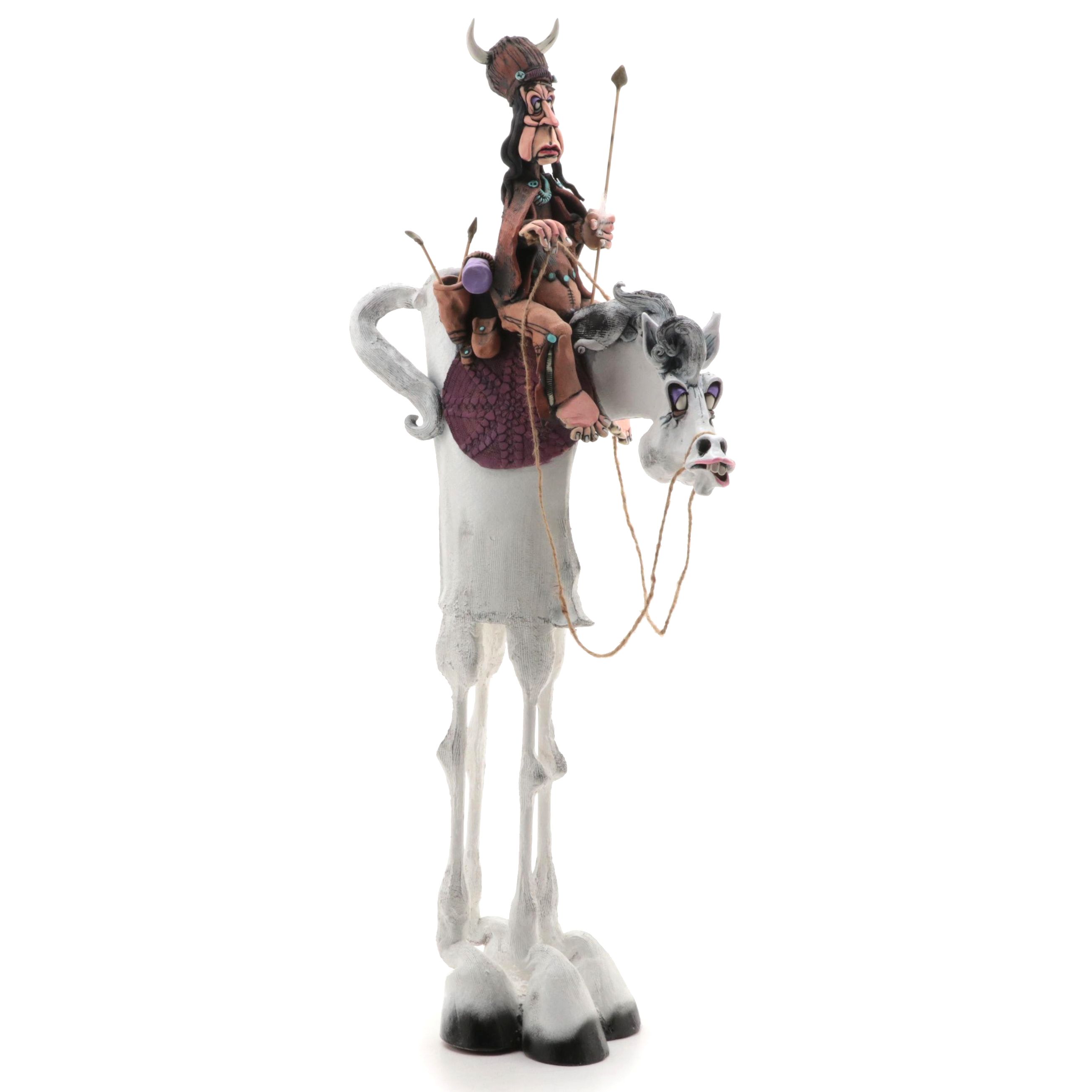 Signed Eric Evans Pottery Horse and Native American Sculpture, 2003
