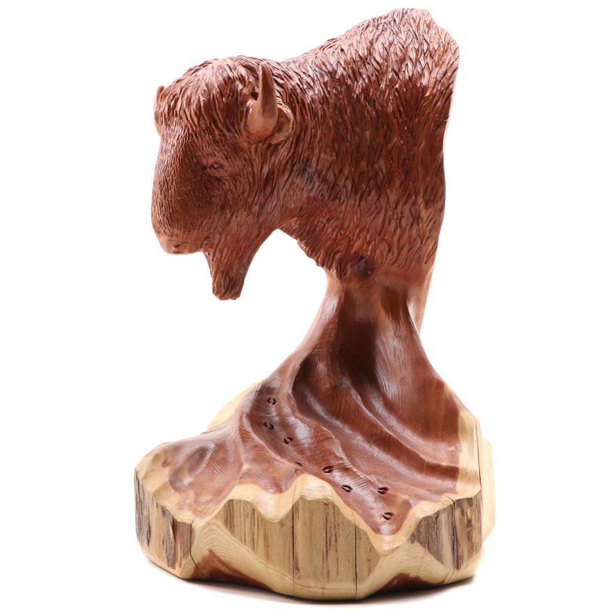 Stu Martin Carved Wood Sculpture of a Buffalo, Circa 2003