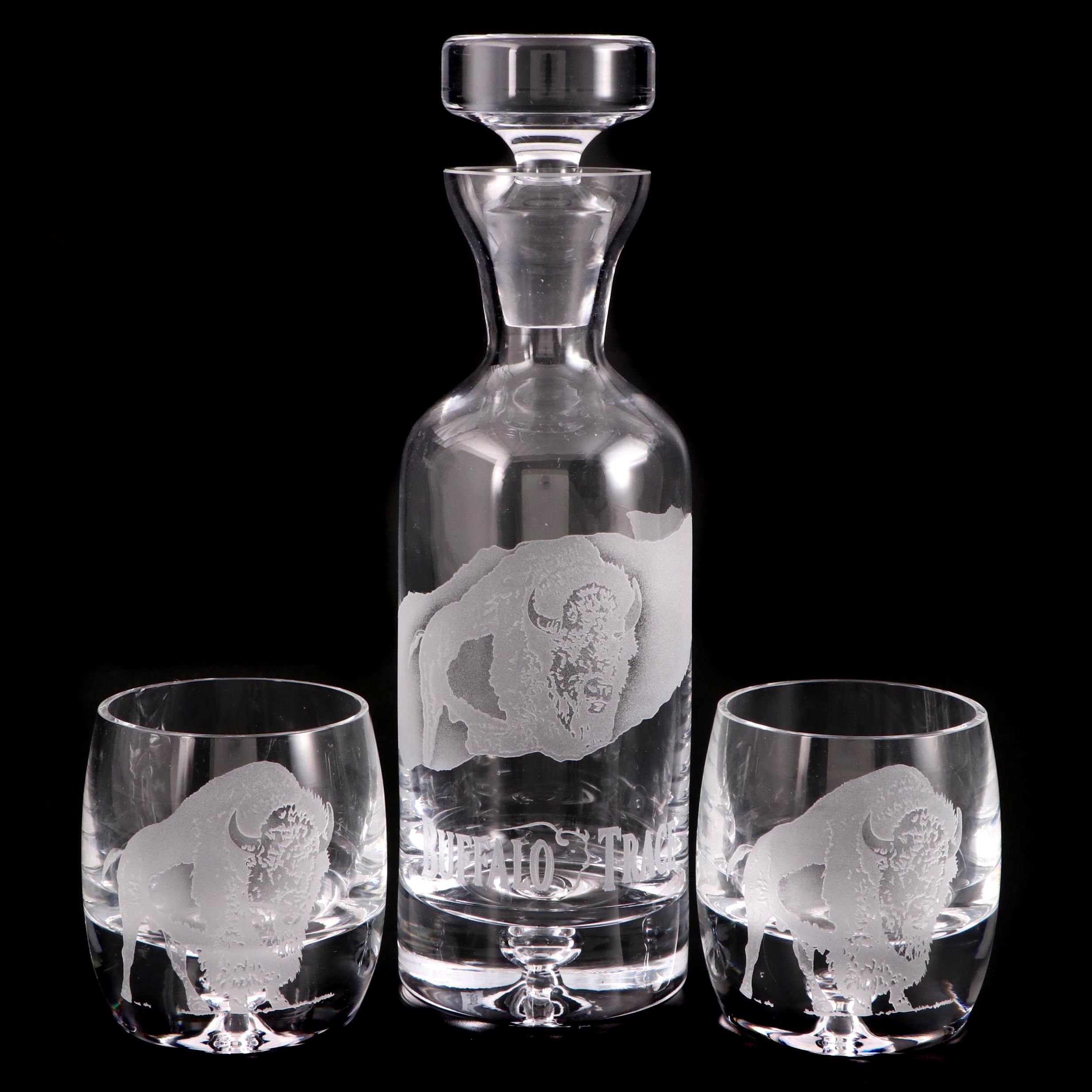 Acid Etched Buffalo Trace Glass Decanter and Old Fashioned Glass