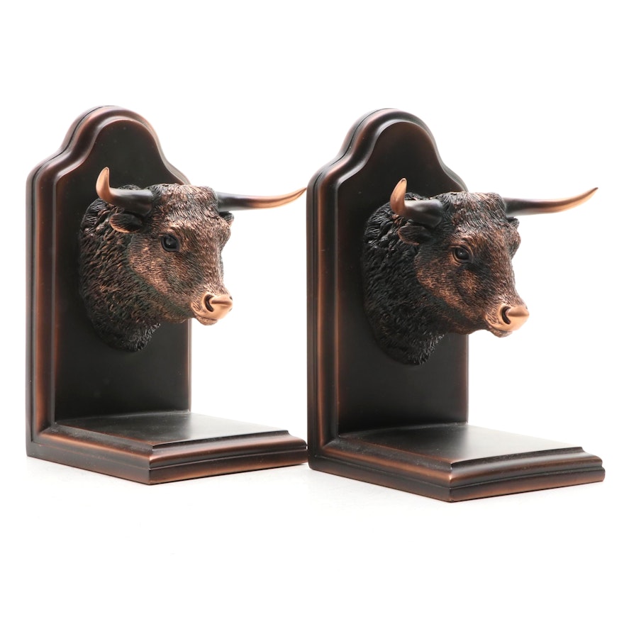 Bronzed Metal Bull Head Bookends