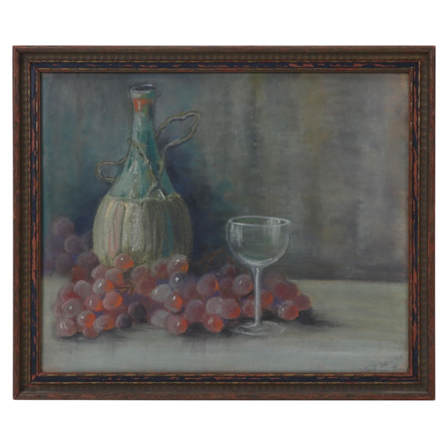 Kathryn Graff Still Life Pastel Drawing of Wine Bottle and Grapes, 1919