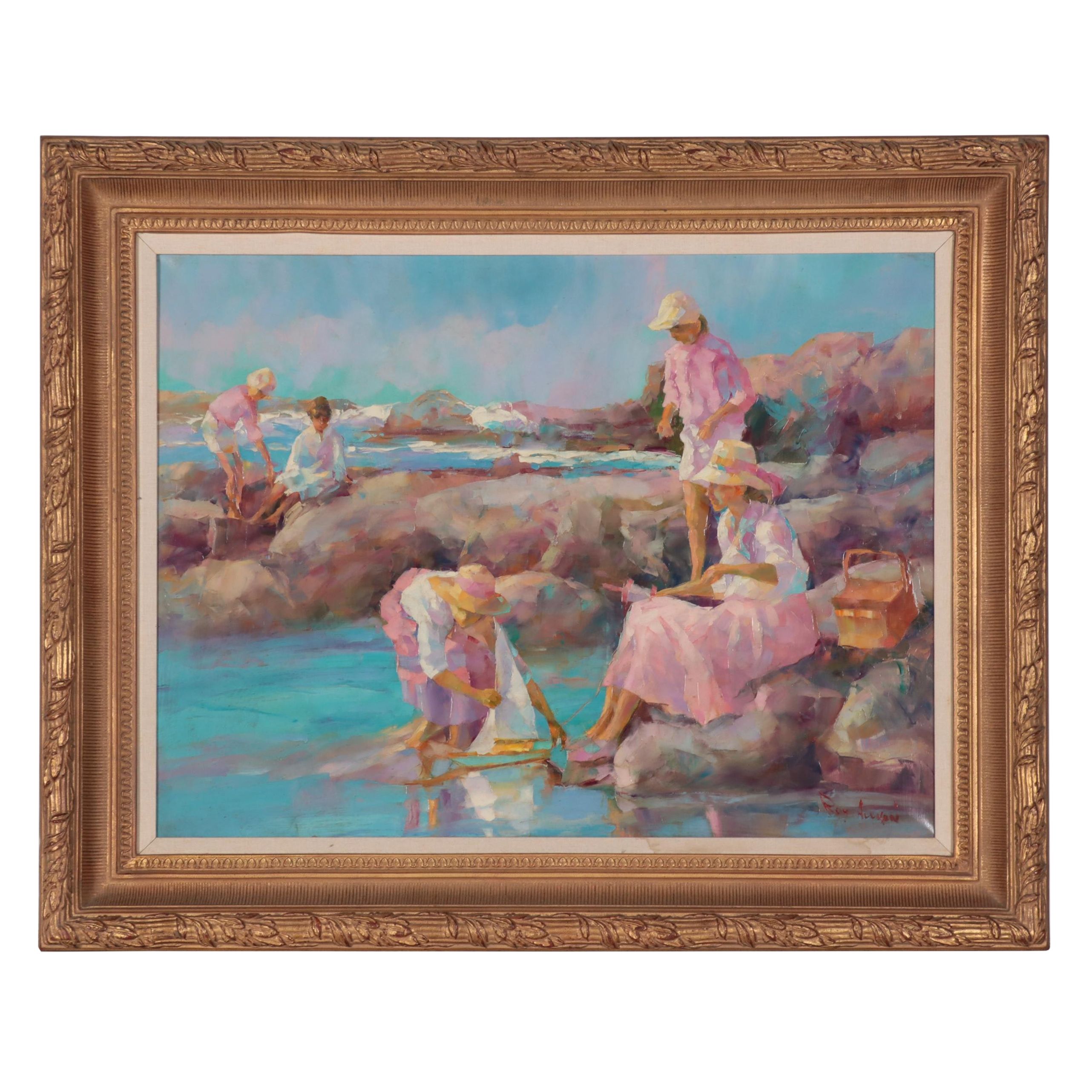 Roy Allison Oil Painting of Women Along the Beach