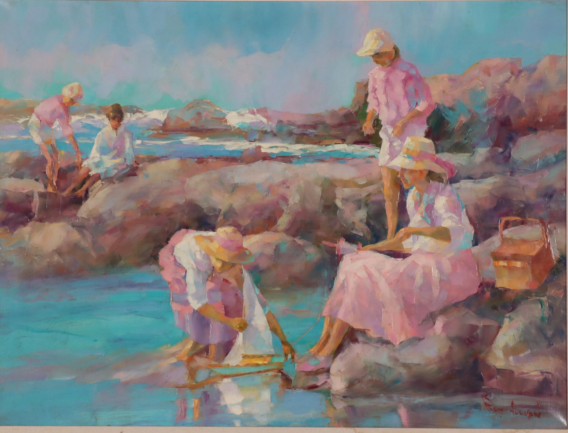 Roy Allison Oil Painting of Women Along the Beach