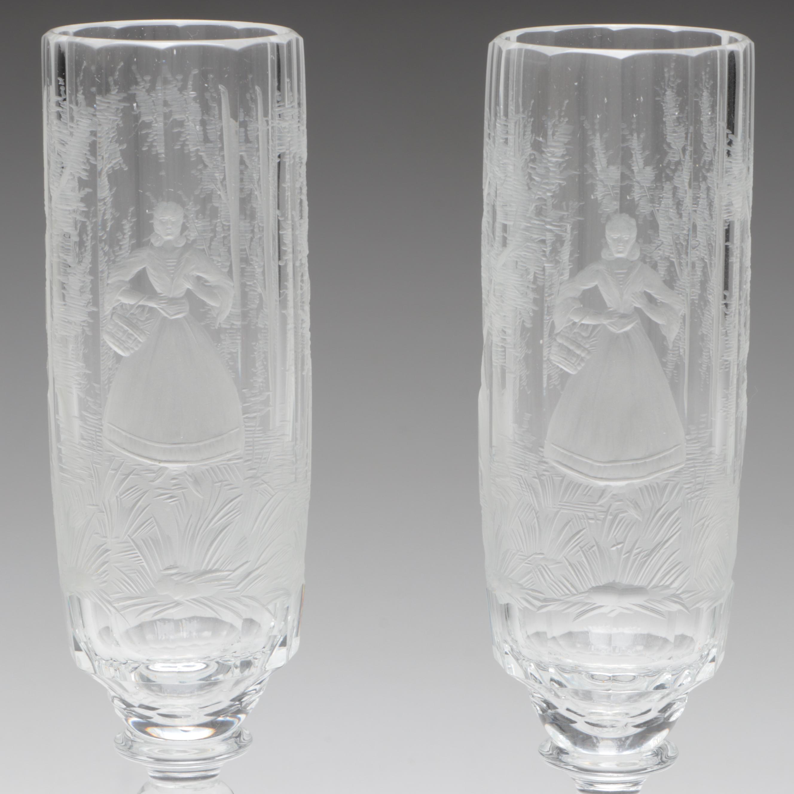 Moser "Maria Theresa" Cut and Engraved Czech Crystal Champagne Flutes