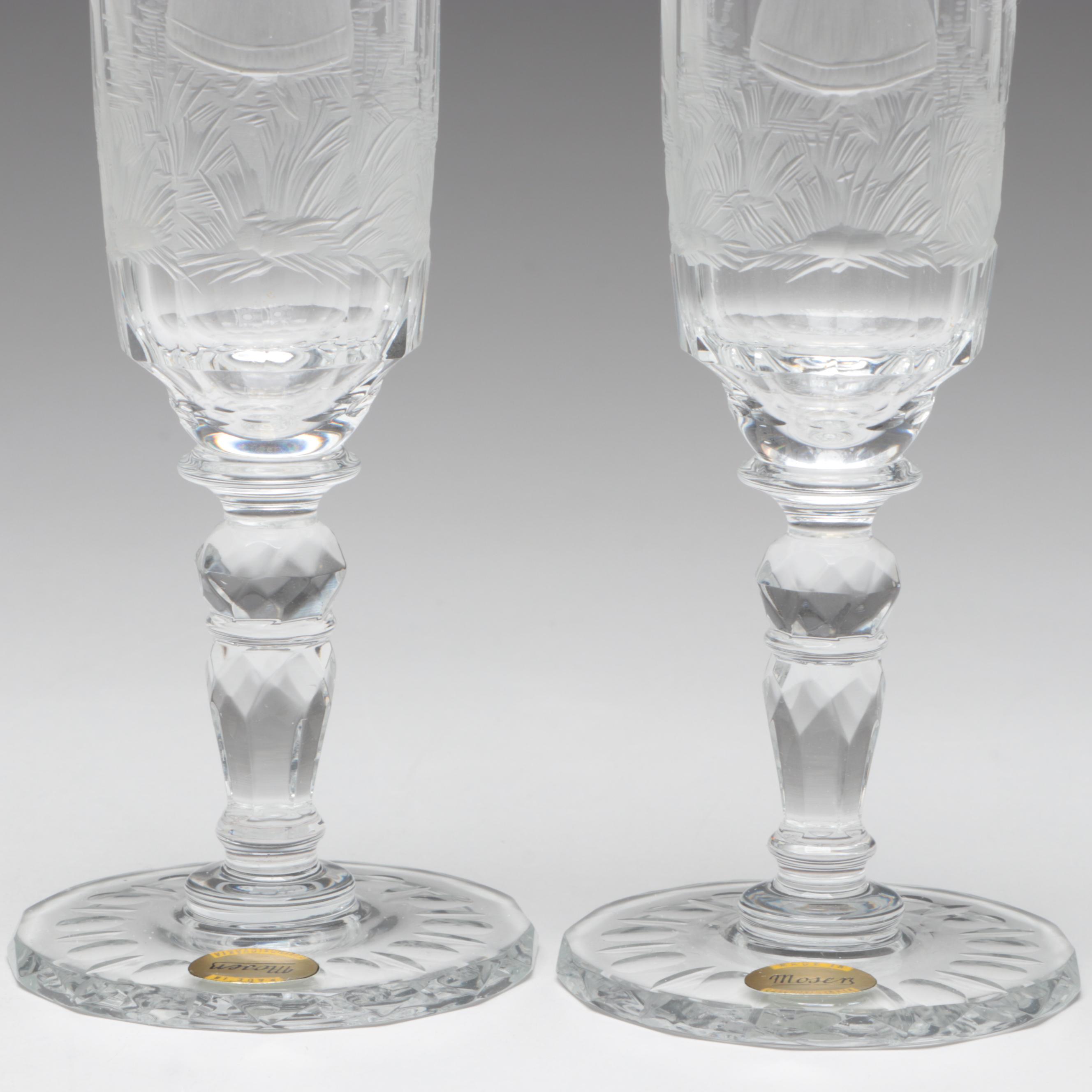 Moser "Maria Theresa" Cut and Engraved Czech Crystal Champagne Flutes