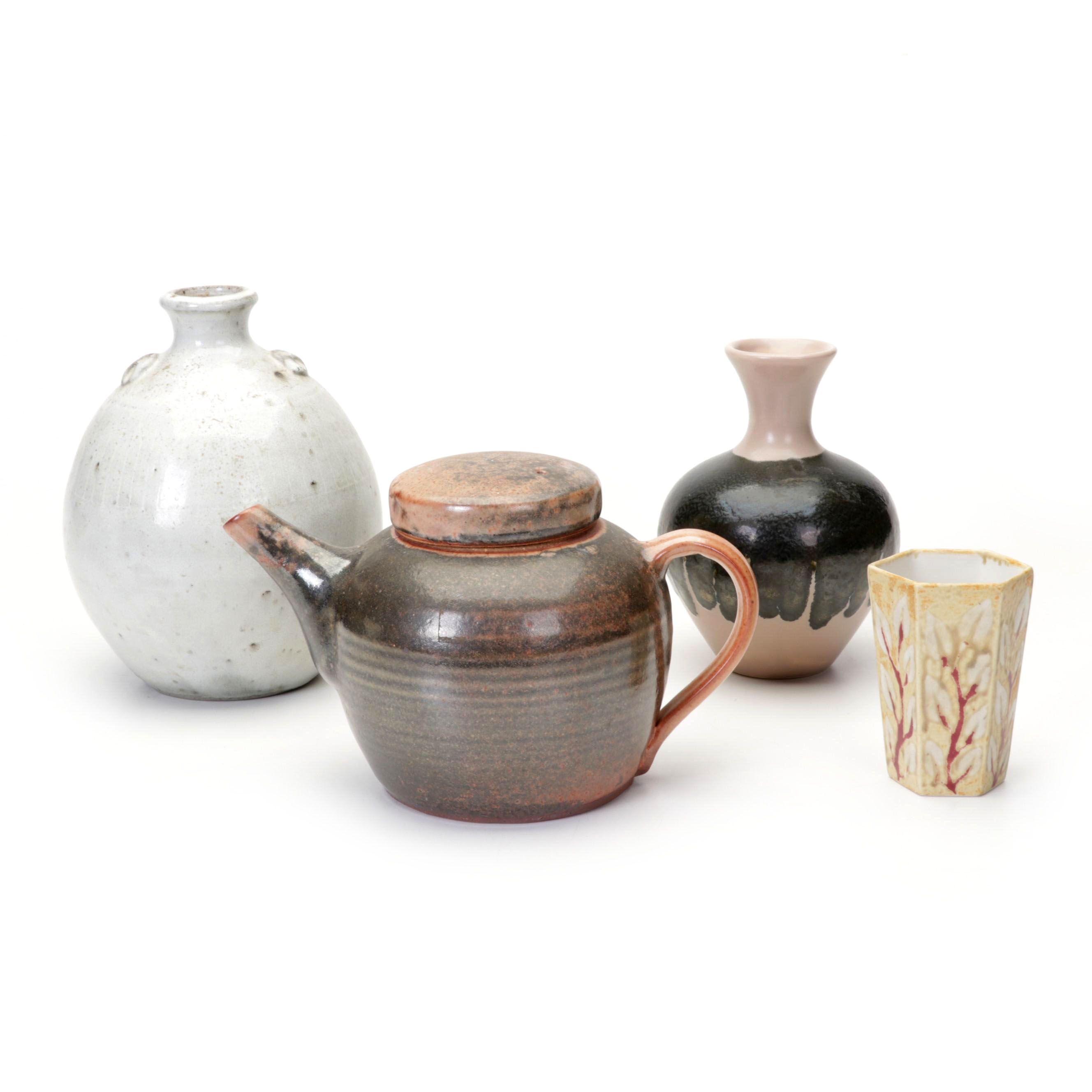 Pine Mills Pottery Teapot With Signed Art Pottery Vases