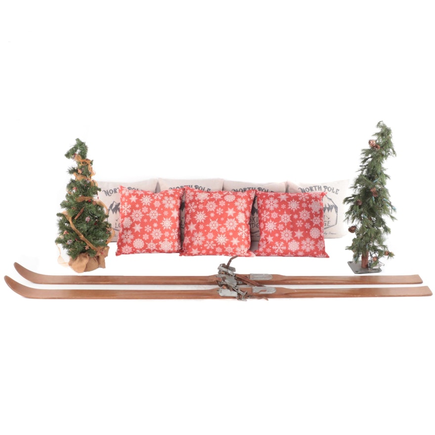 Winter Themed Throw Pillows, Decorative Skis and Faux Christmas Trees