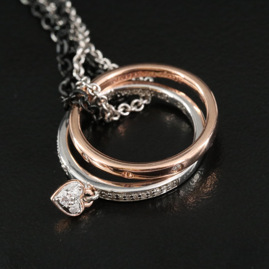 Sterling and 10K Diamond Double Strand Dual Rings Necklace