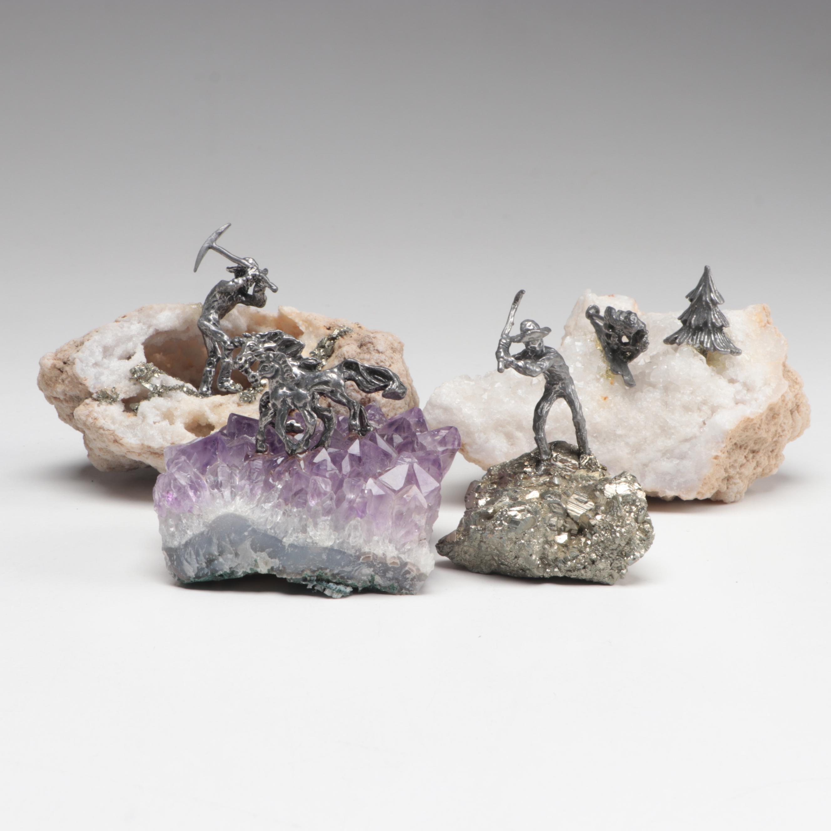 Pewter Gold Miner Figures Mounted on Quartz, Amethyst and Pyrite Bases