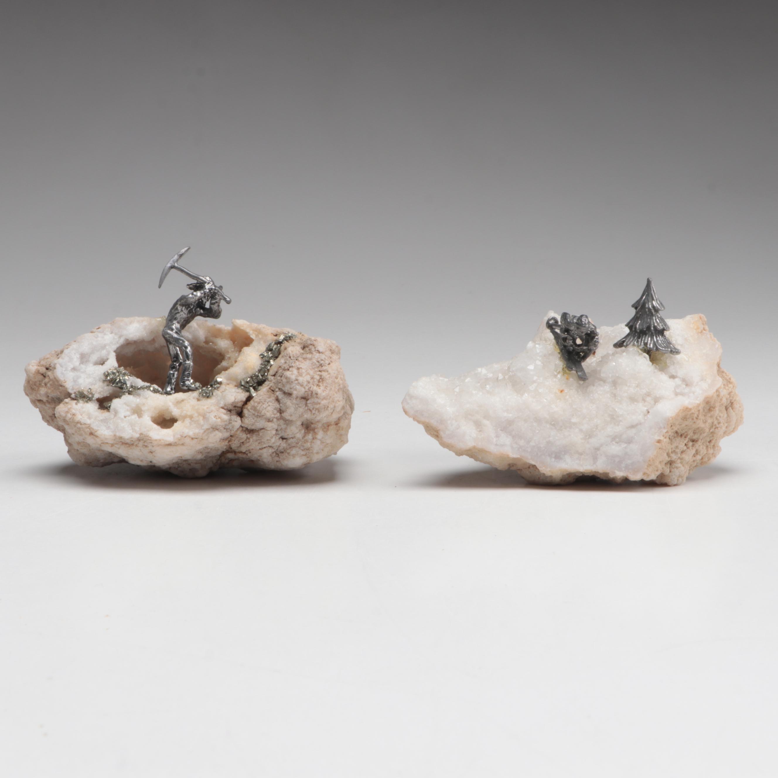 Pewter Gold Miner Figures Mounted on Quartz, Amethyst and Pyrite Bases