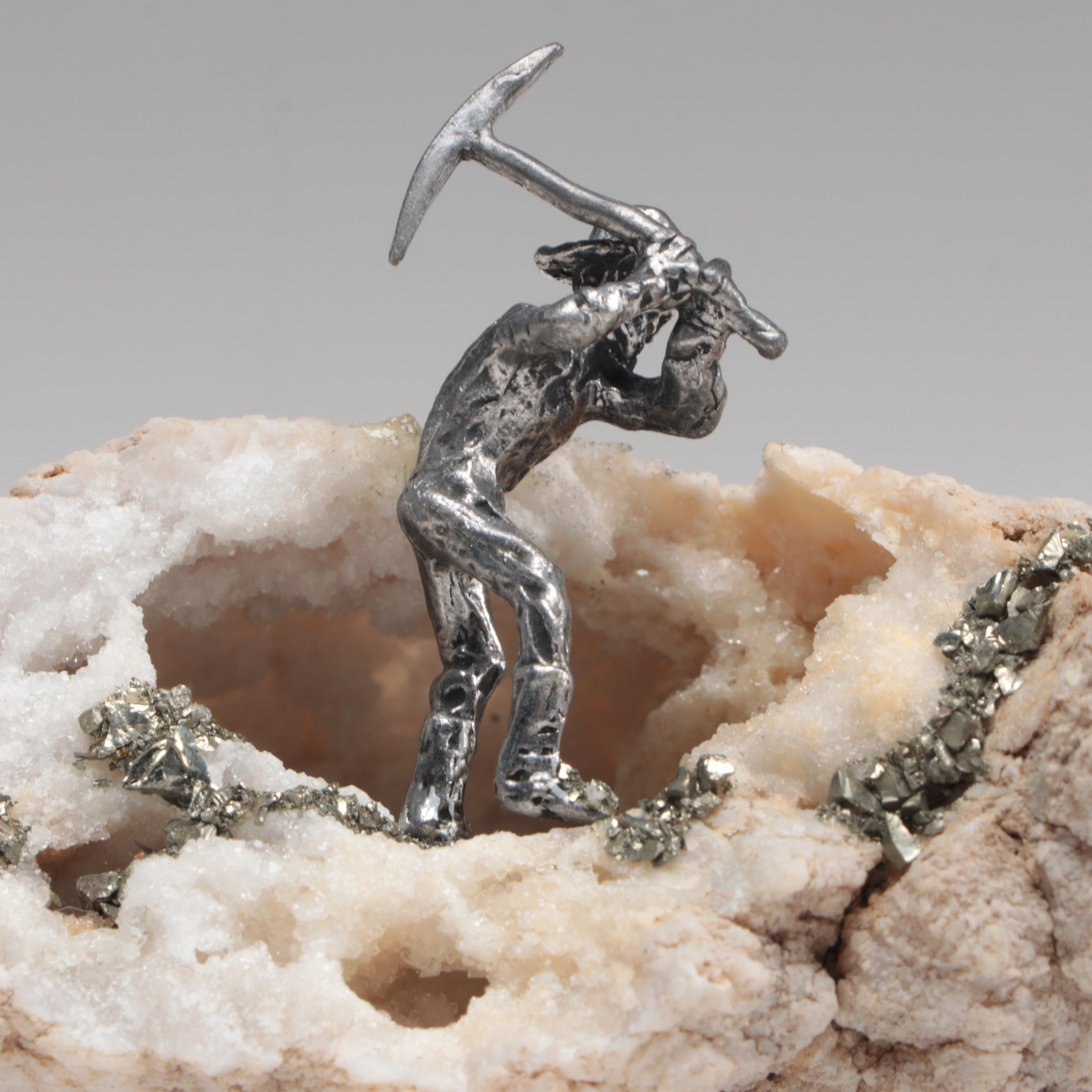 Pewter Gold Miner Figures Mounted on Quartz, Amethyst and Pyrite Bases
