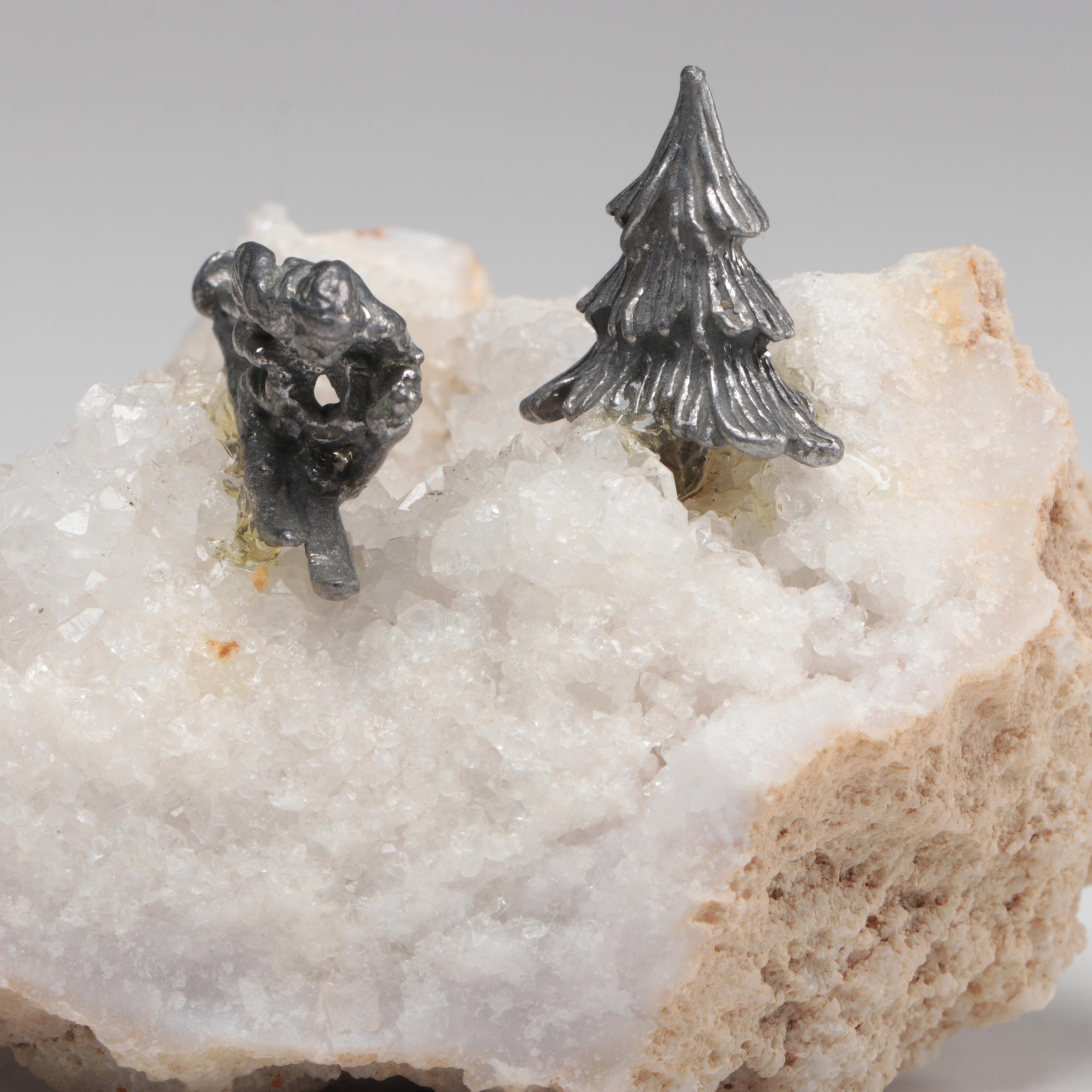 Pewter Gold Miner Figures Mounted on Quartz, Amethyst and Pyrite Bases