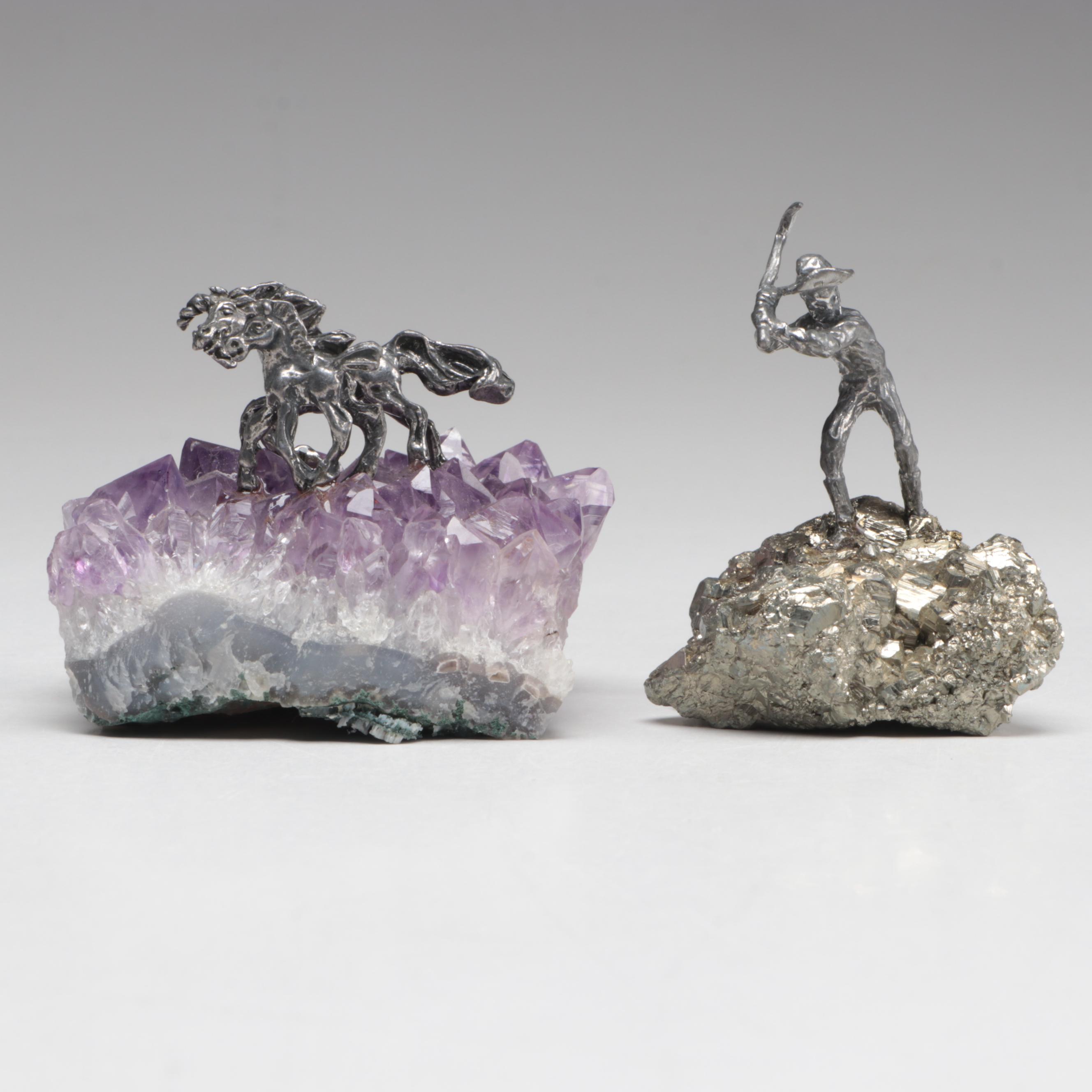 Pewter Gold Miner Figures Mounted on Quartz, Amethyst and Pyrite Bases