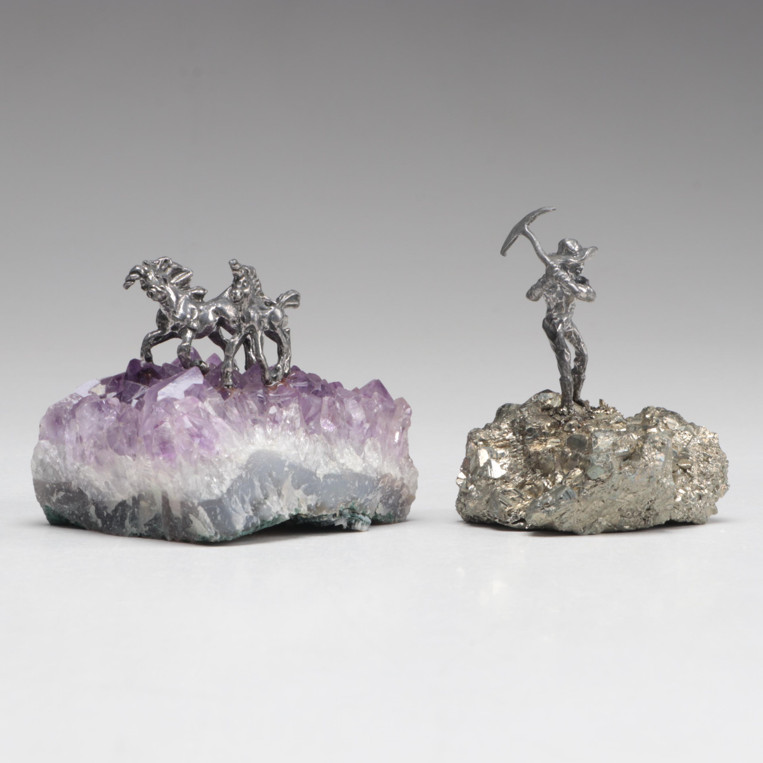 Pewter Gold Miner Figures Mounted on Quartz, Amethyst and Pyrite Bases