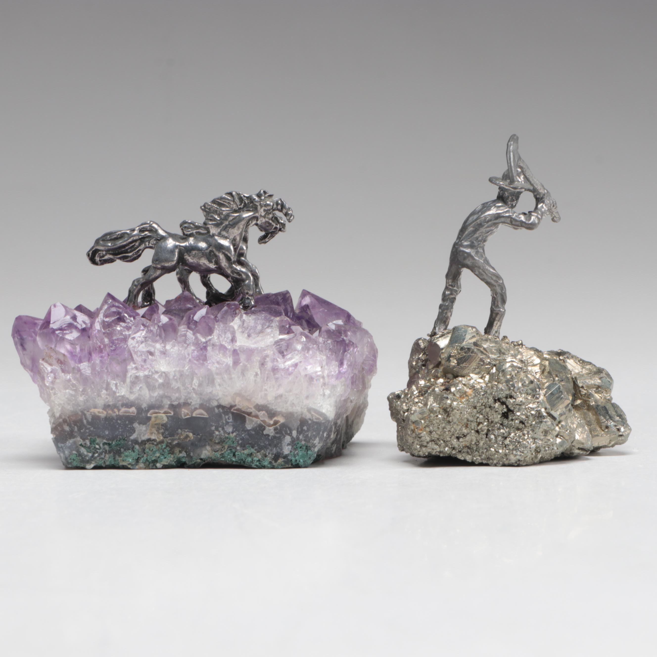 Pewter Gold Miner Figures Mounted on Quartz, Amethyst and Pyrite Bases
