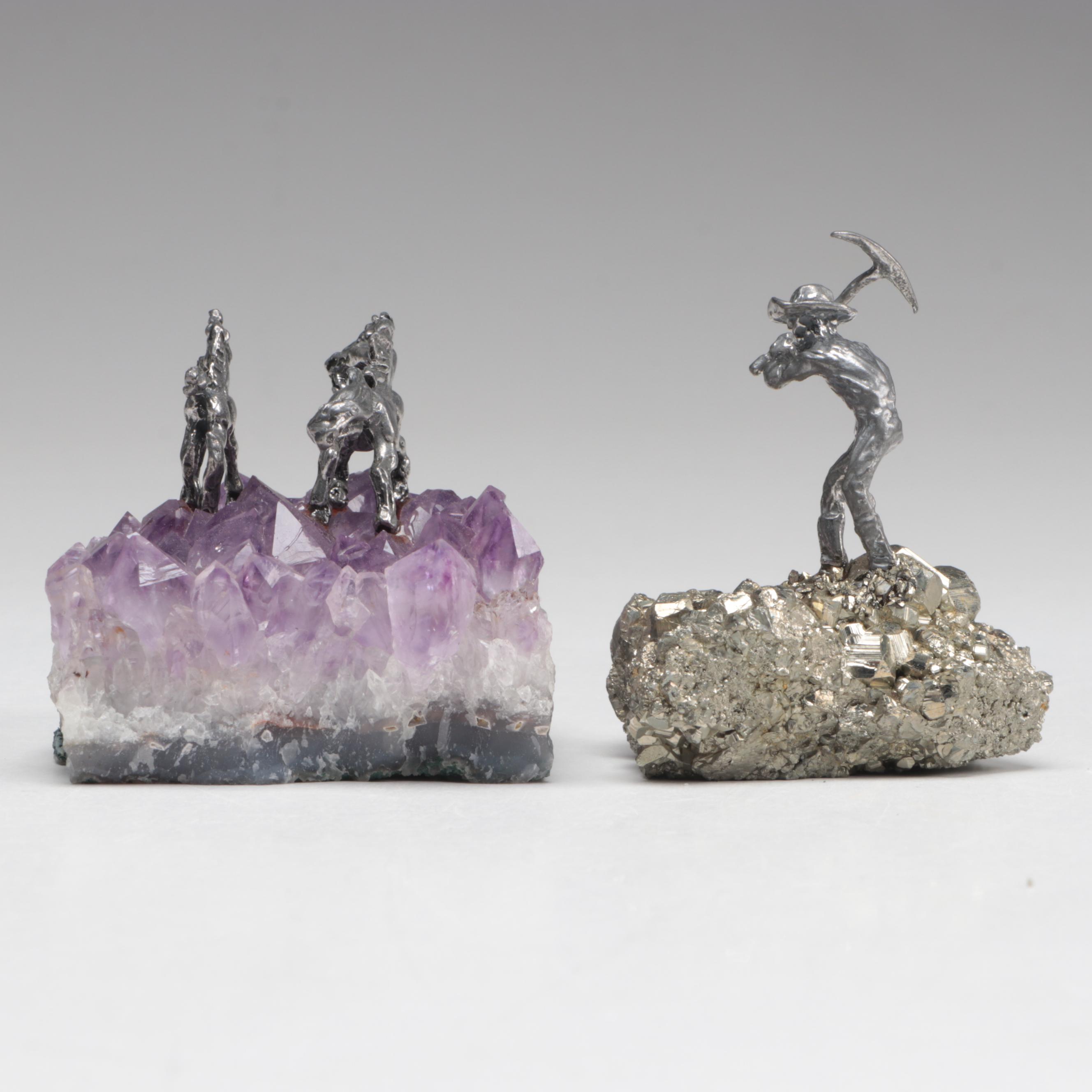 Pewter Gold Miner Figures Mounted on Quartz, Amethyst and Pyrite Bases
