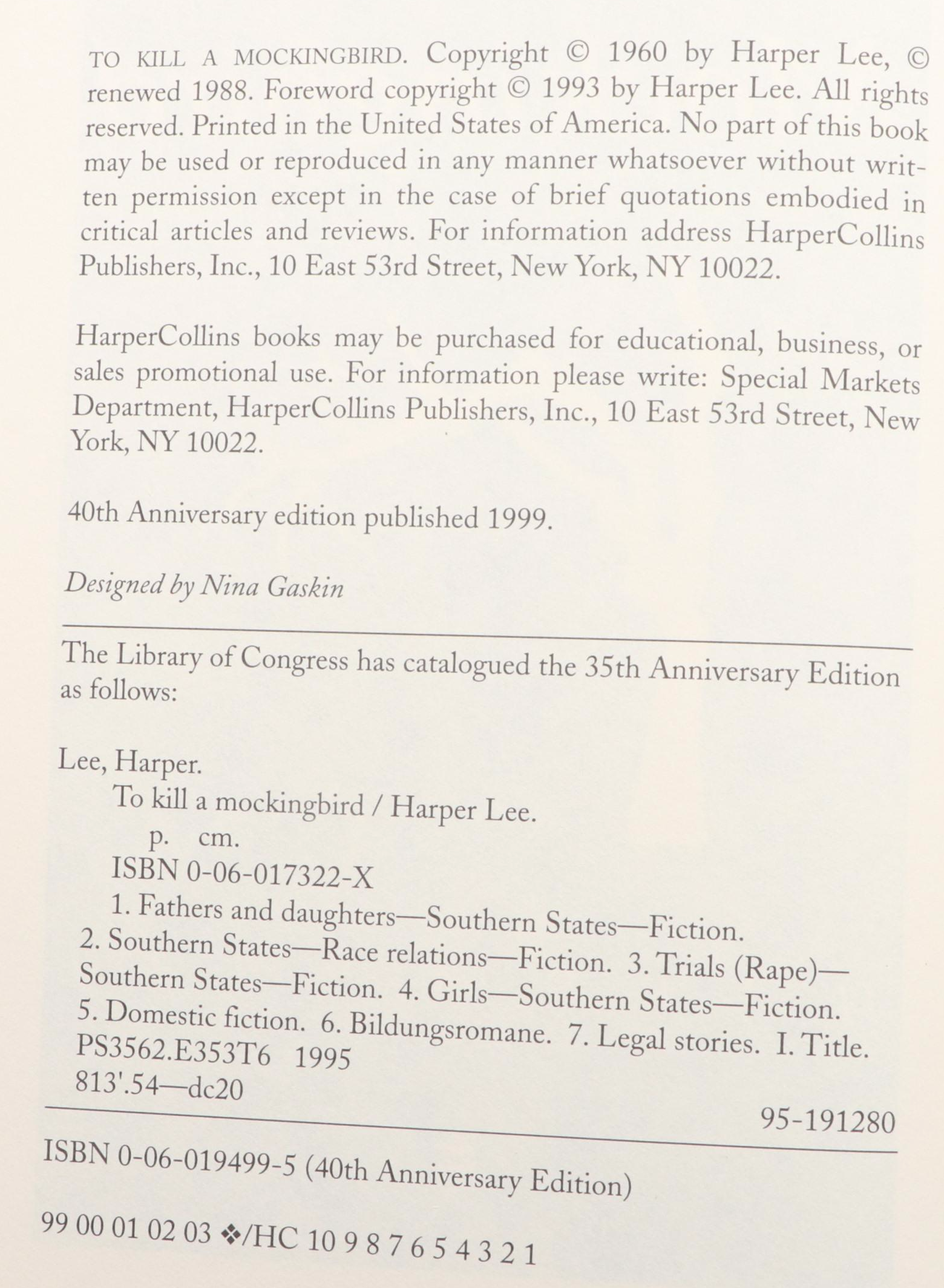 Signed 40th Anniversary Edition "To Kill a Mockingbird" by Harper Lee, 1999