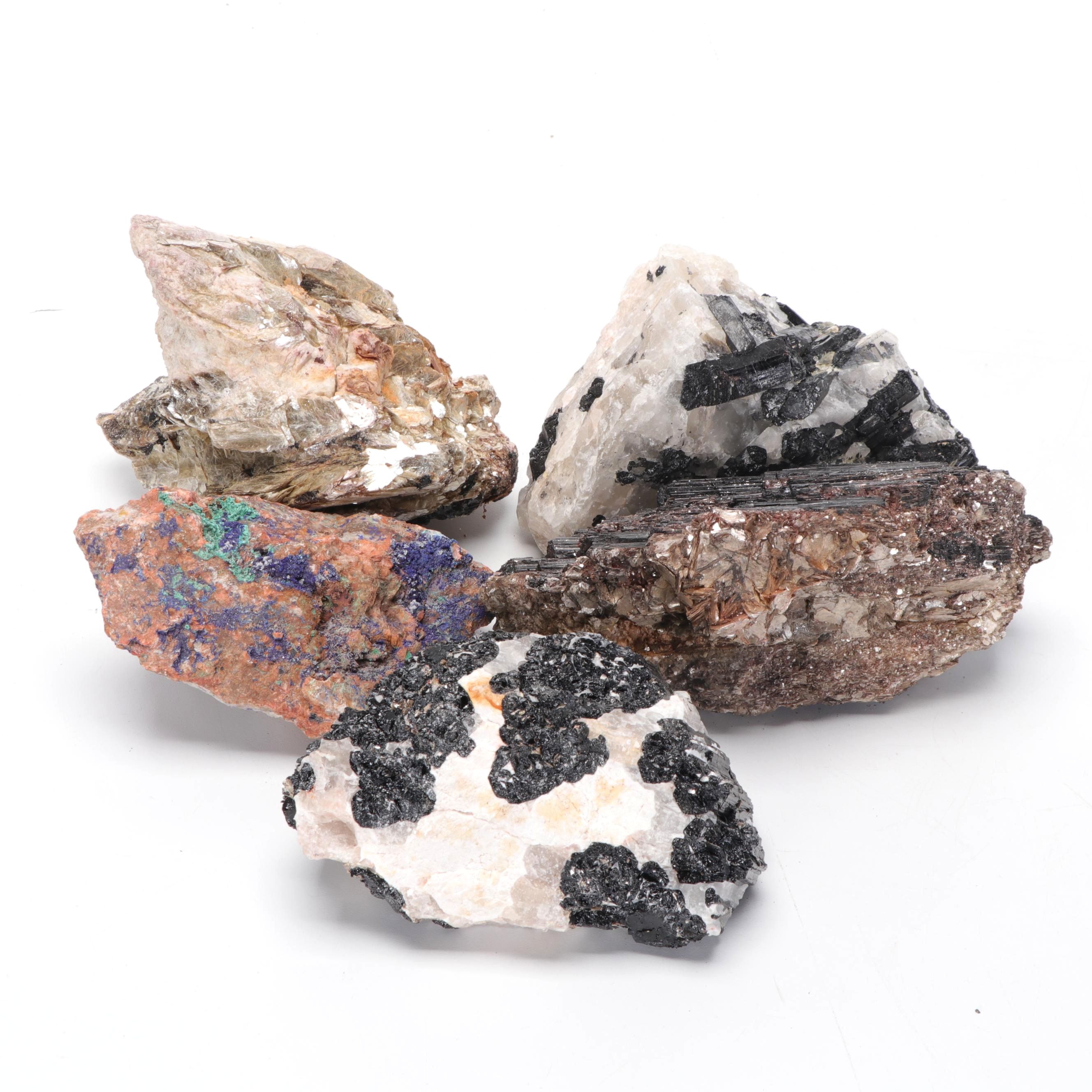 Rough Tourmalinated Quartz, Black Tourmaline, Azurite, and Muscovite Specimens
