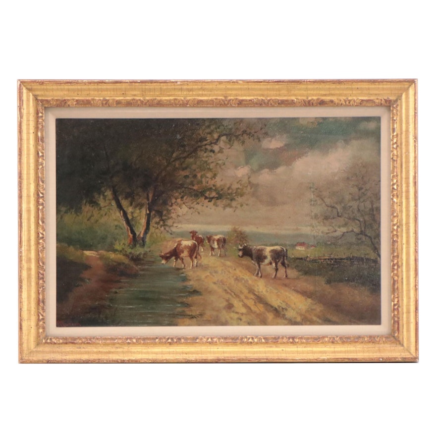 Pastoral Landscape Oil Painting of Cows Drinking, 19th Century