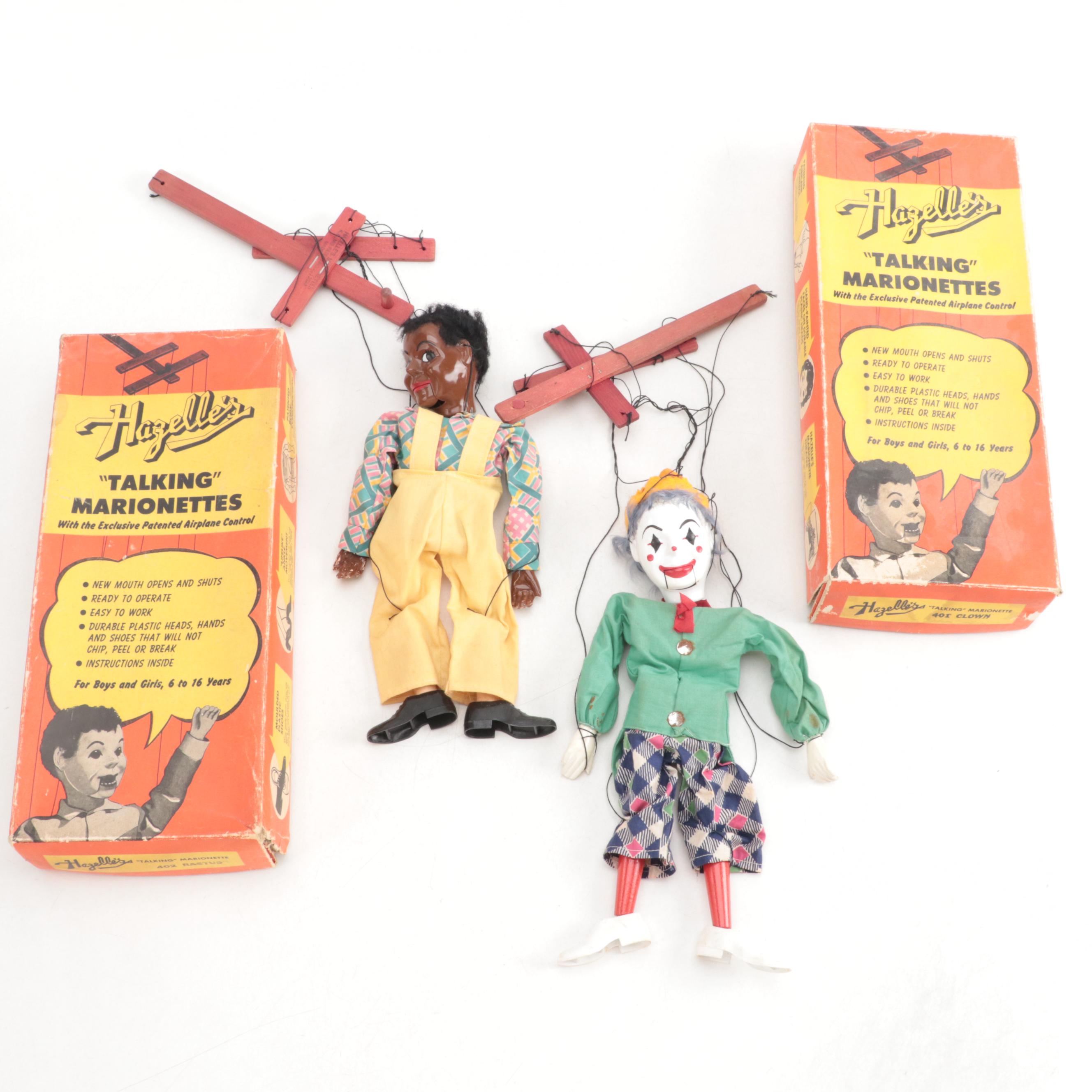 Hazelle's Talking Marionette "Clown" and "Rastus" Puppets, Mid-20th Century