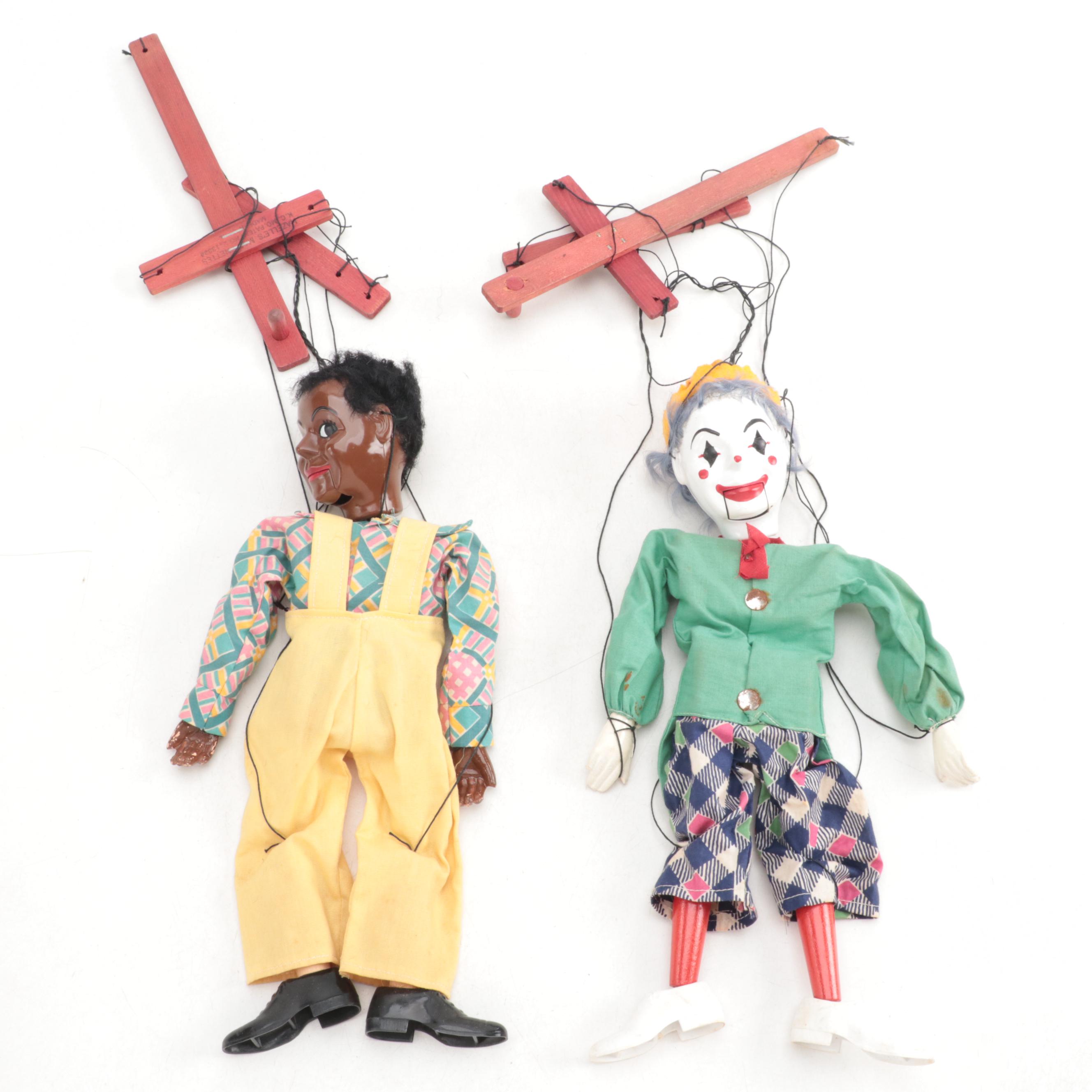Hazelle's Talking Marionette "Clown" and "Rastus" Puppets, Mid-20th Century