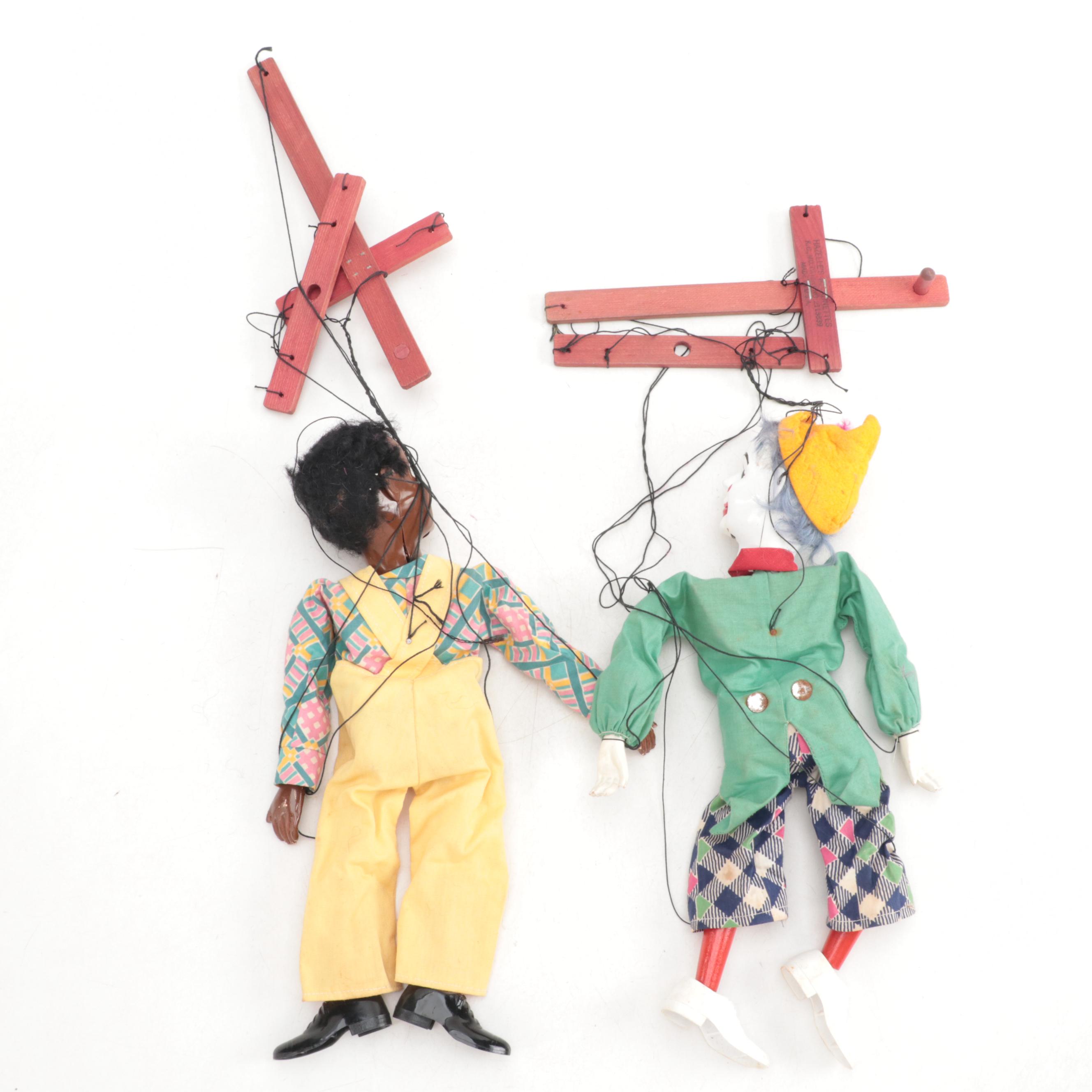 Hazelle's Talking Marionette "Clown" and "Rastus" Puppets, Mid-20th Century