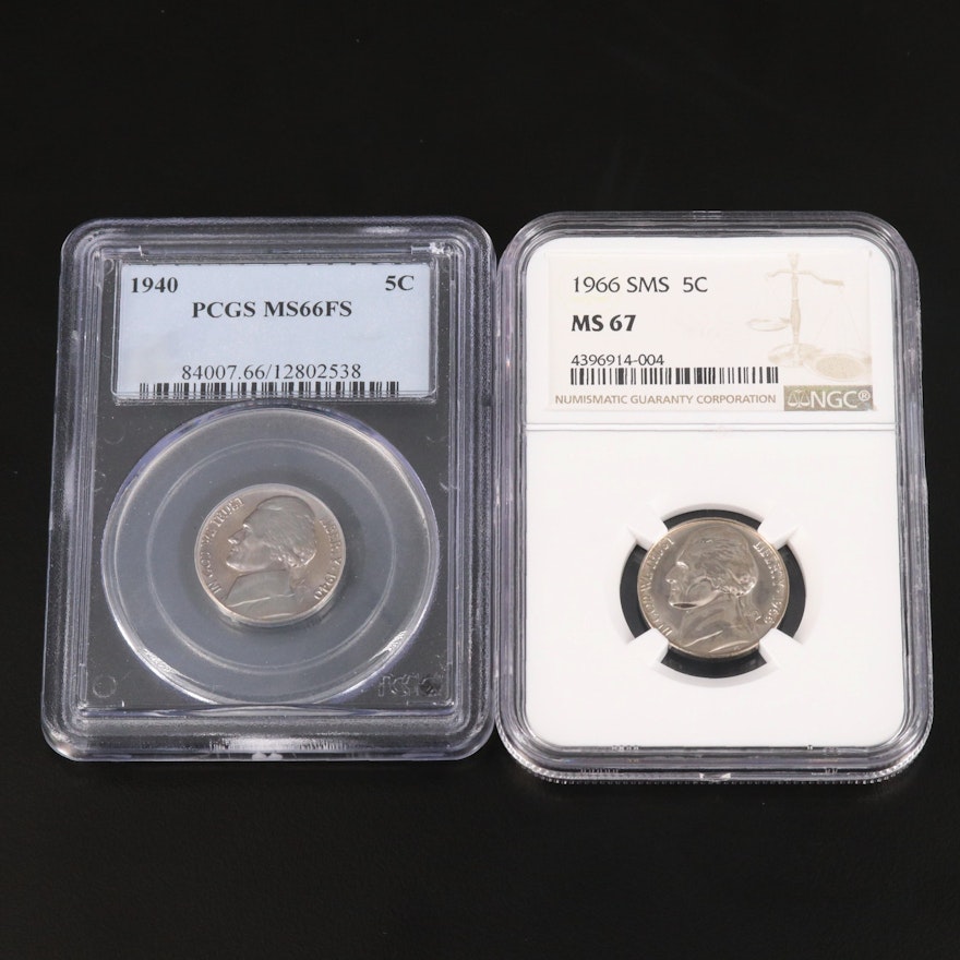 Two Graded Jefferson Nickels, Including PCGS MS66FS 1940 Nickel