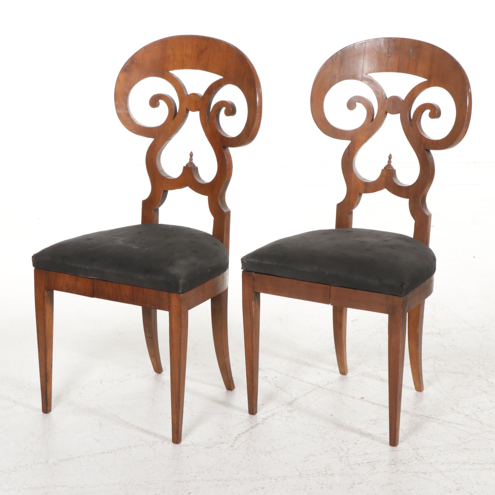 Pair of Biedermeier Fruitwood Scroll Back Side Chairs, 19th Century