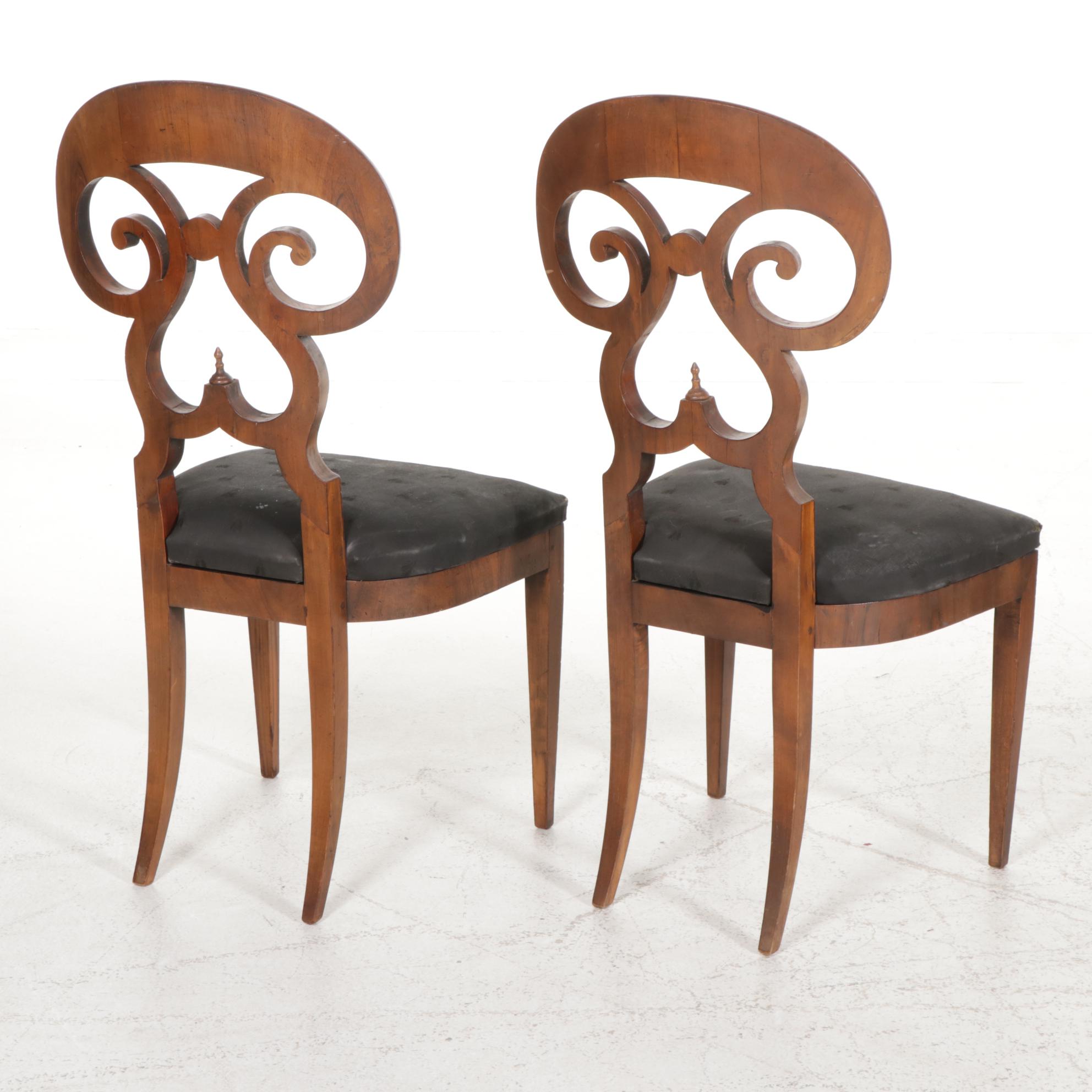 Pair of Biedermeier Fruitwood Scroll Back Side Chairs, 19th Century