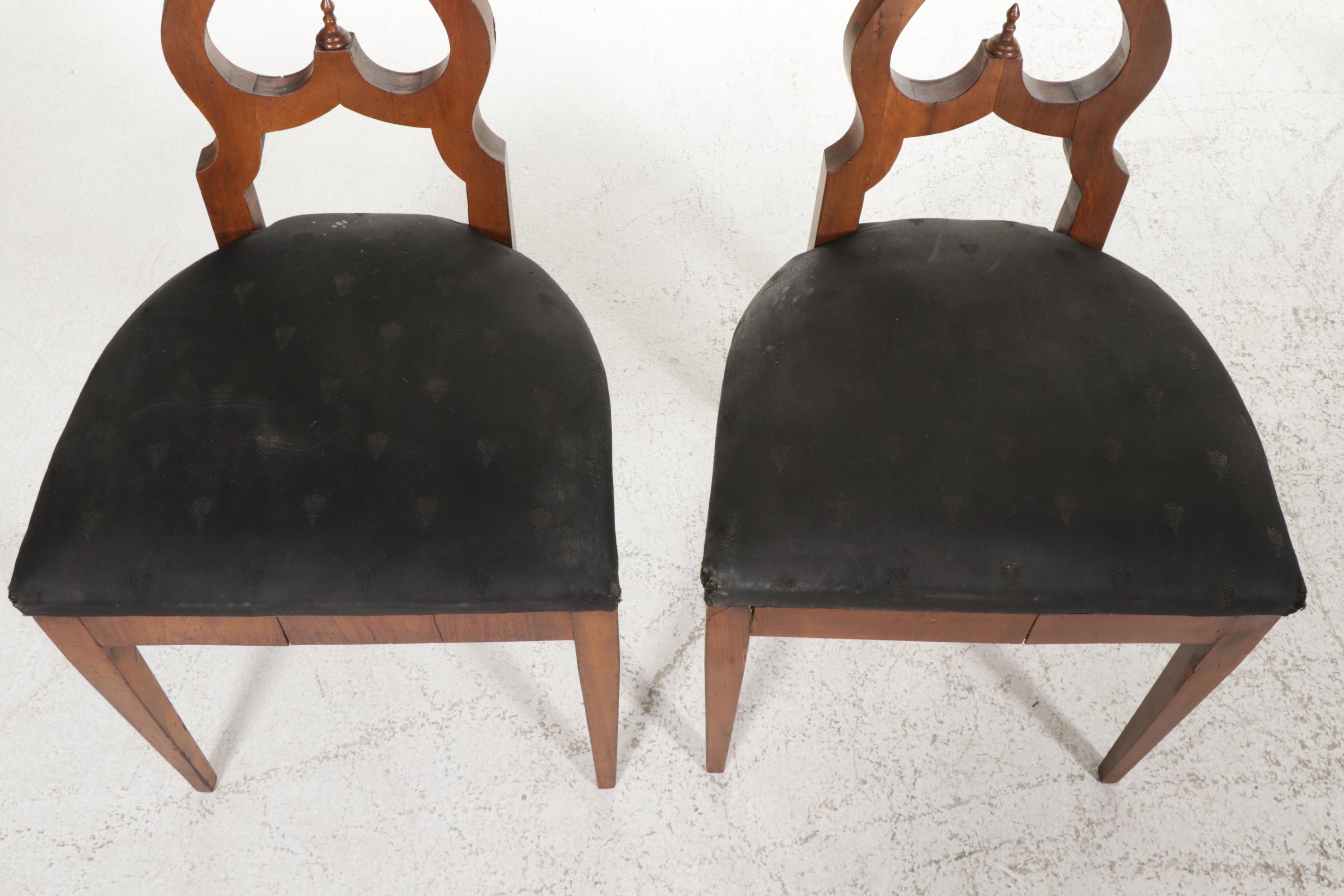 Pair of Biedermeier Fruitwood Scroll Back Side Chairs, 19th Century