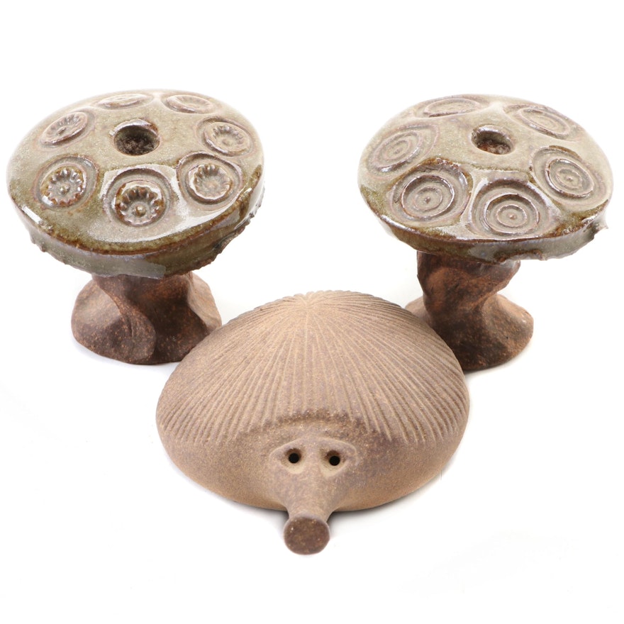 Robert Maxwell Beastie Creature Hedgehog with Other Stoneware Mushrooms