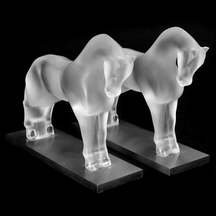 Pair of Lalique "Siglavy" Crystal Horse Bookends on Stainless Bases