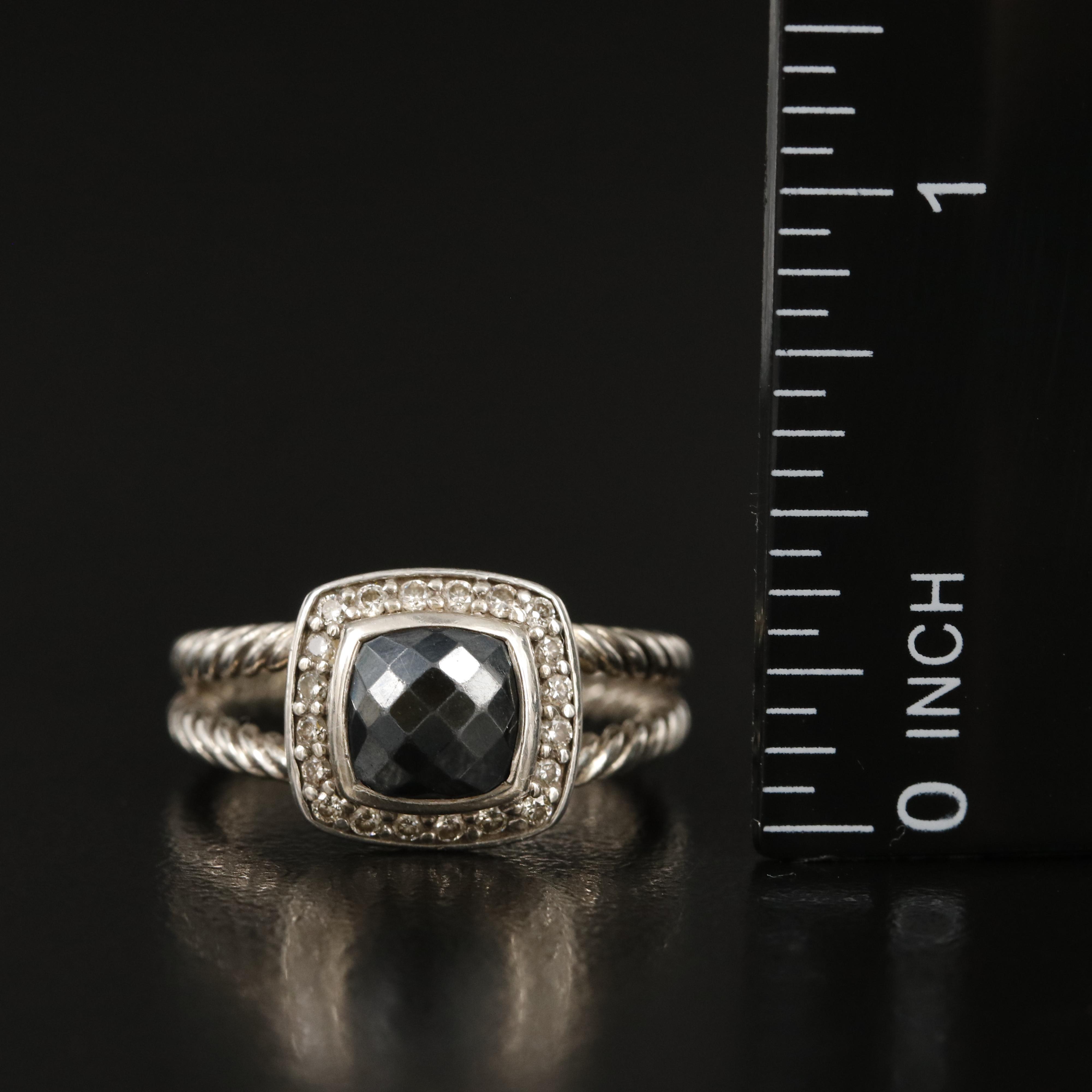 David Yurman "Petite Albion" Sterling Hematite and Diamond Ring