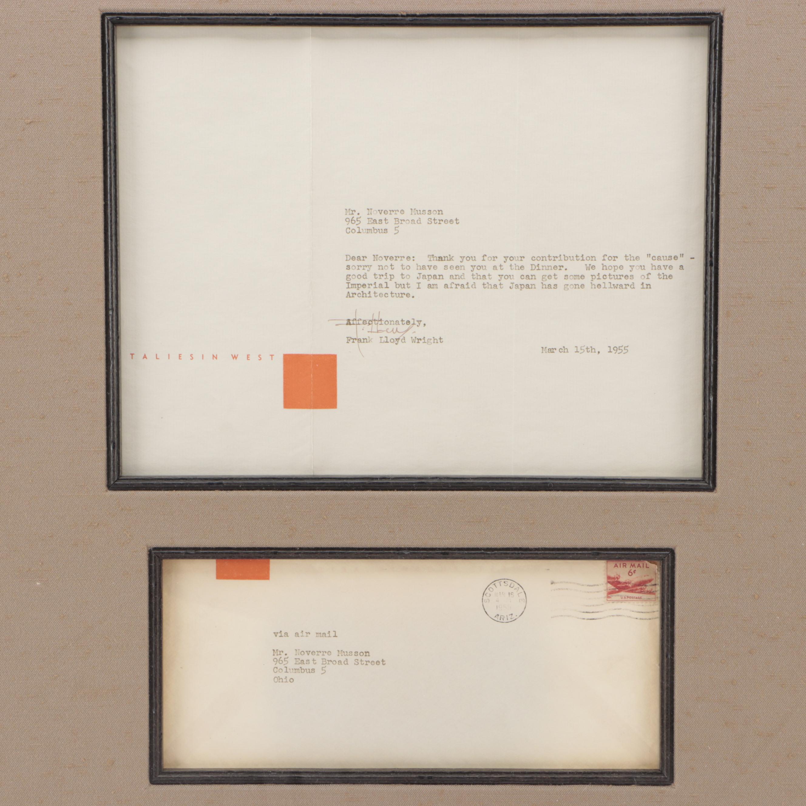 Frank Lloyd Wright Signed Letter With Western Union Telegram in Frame