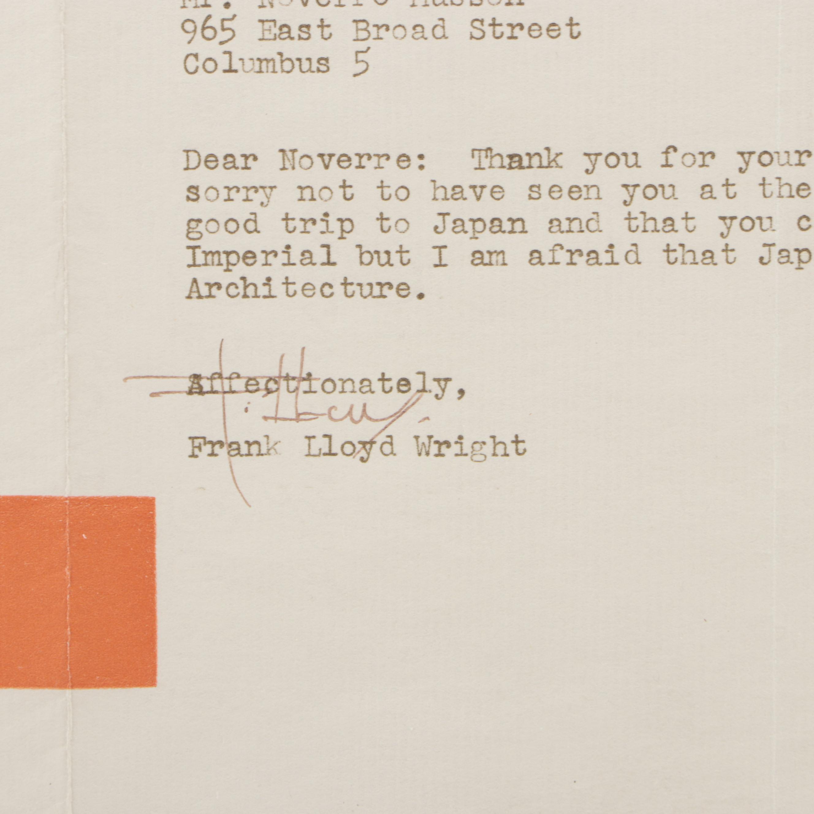 Frank Lloyd Wright Signed Letter With Western Union Telegram in Frame