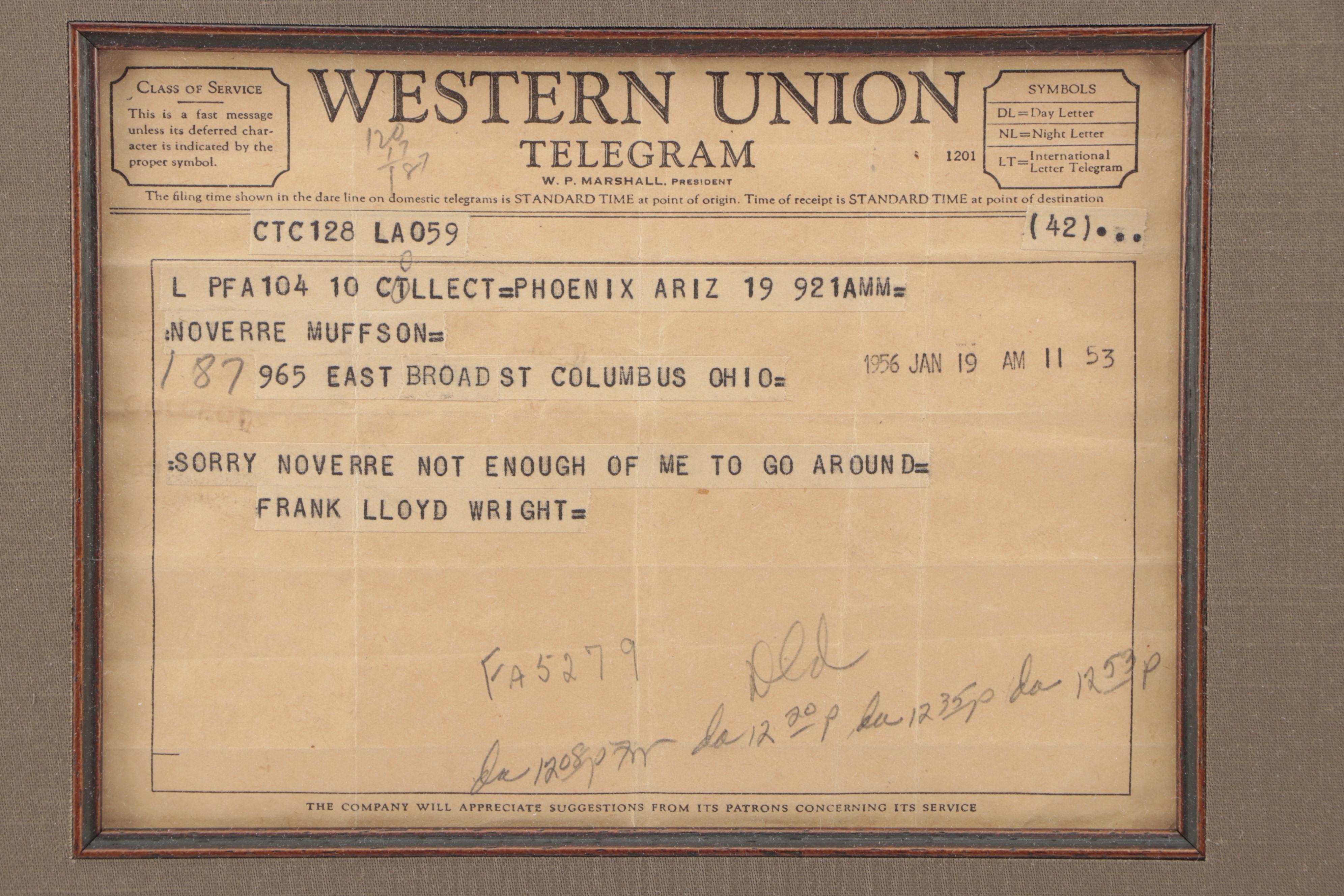 Frank Lloyd Wright Signed Letter With Western Union Telegram in Frame