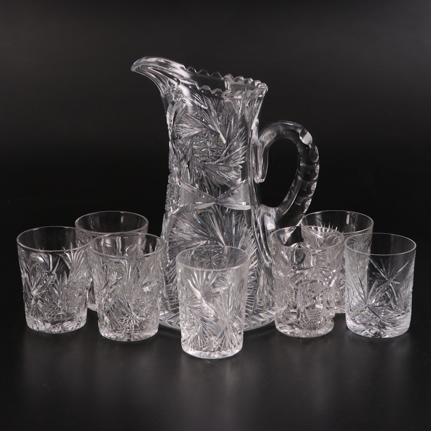 American Brilliant Style Cut Glass Pitcher and Tumblers, 20th Century